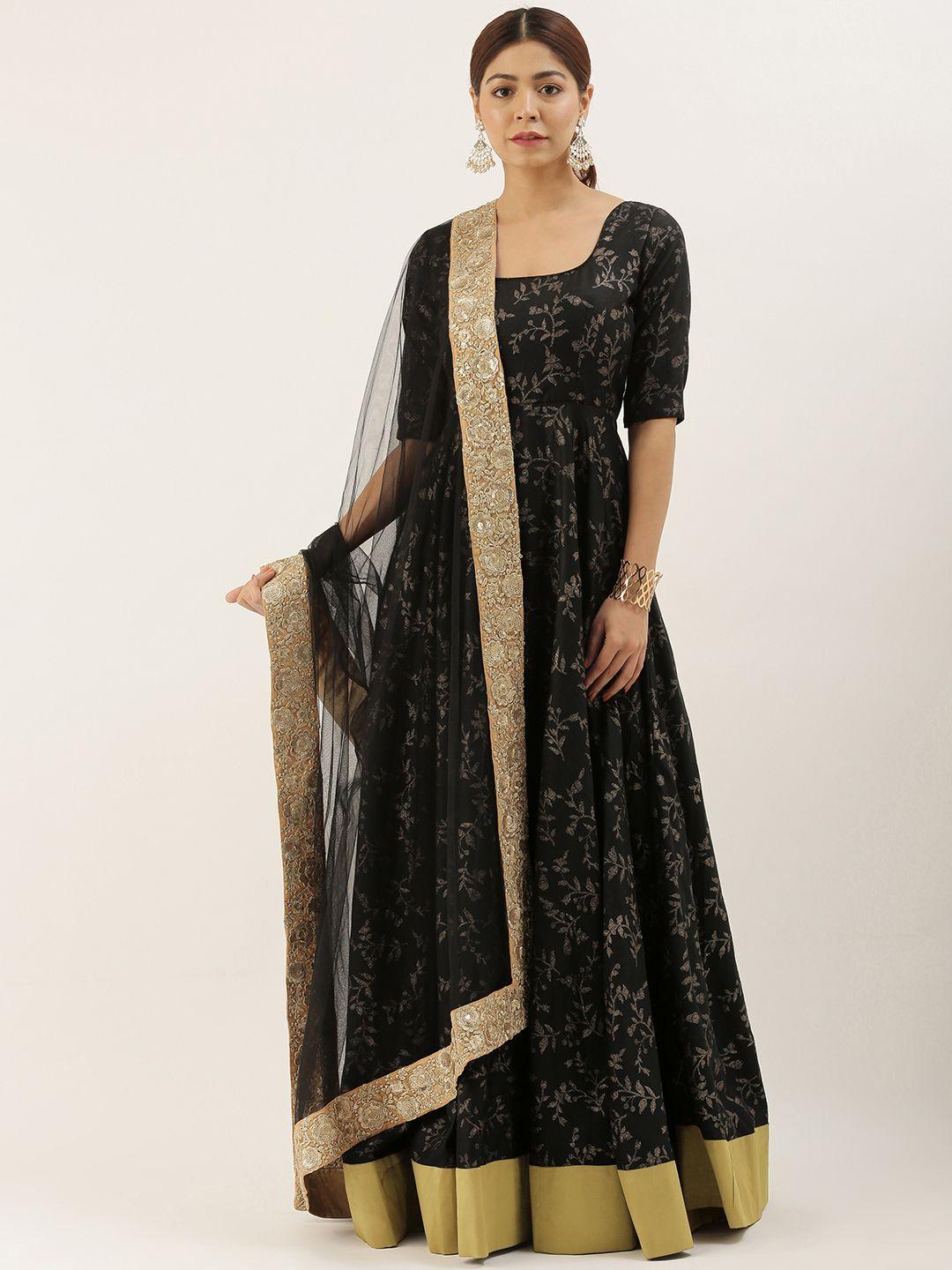 ethnovogue women black printed made to measure kurta with trousers & dupatta