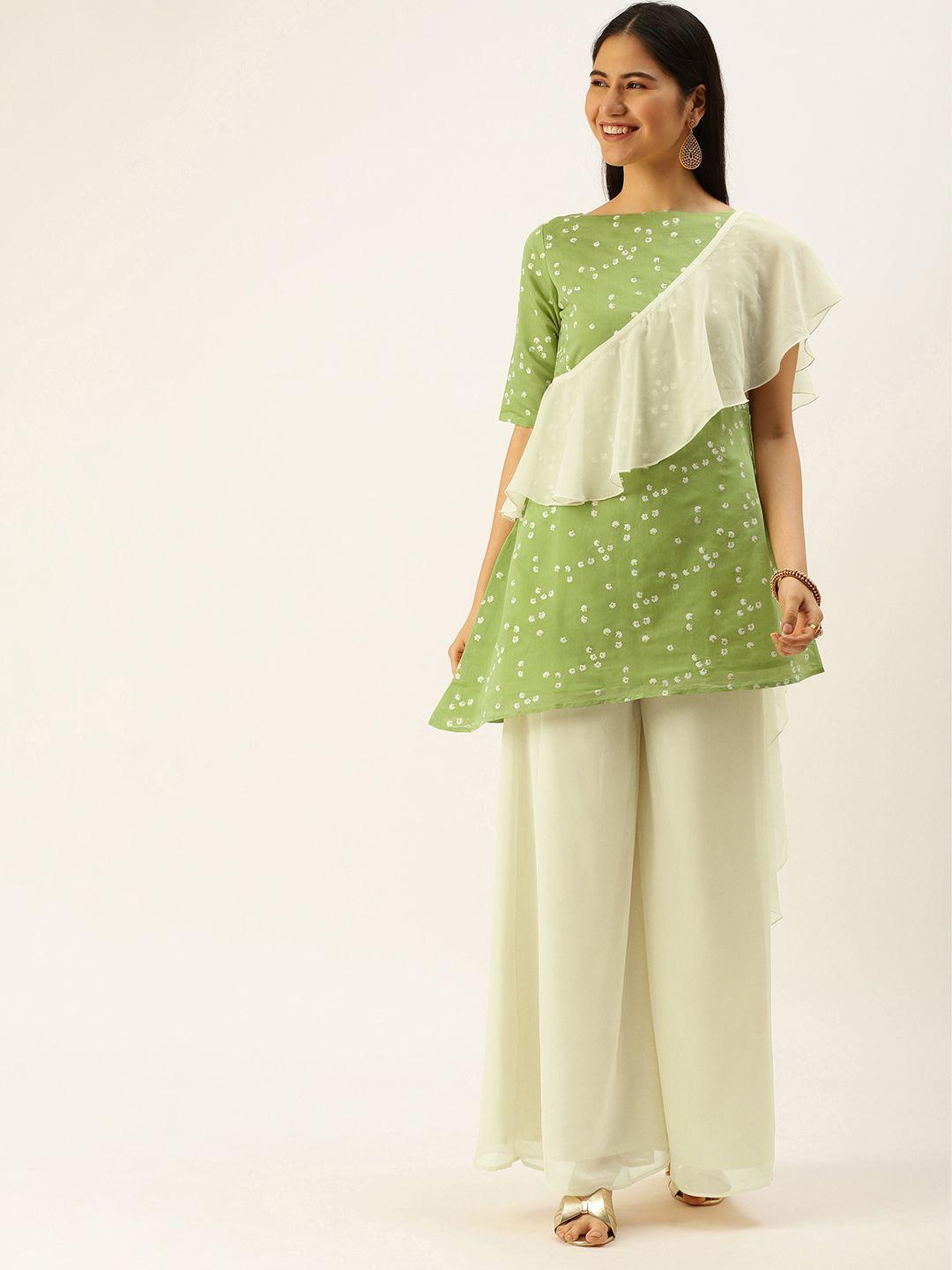 ethnovogue women green & off white floral print kurti palazzo & attached dupatta