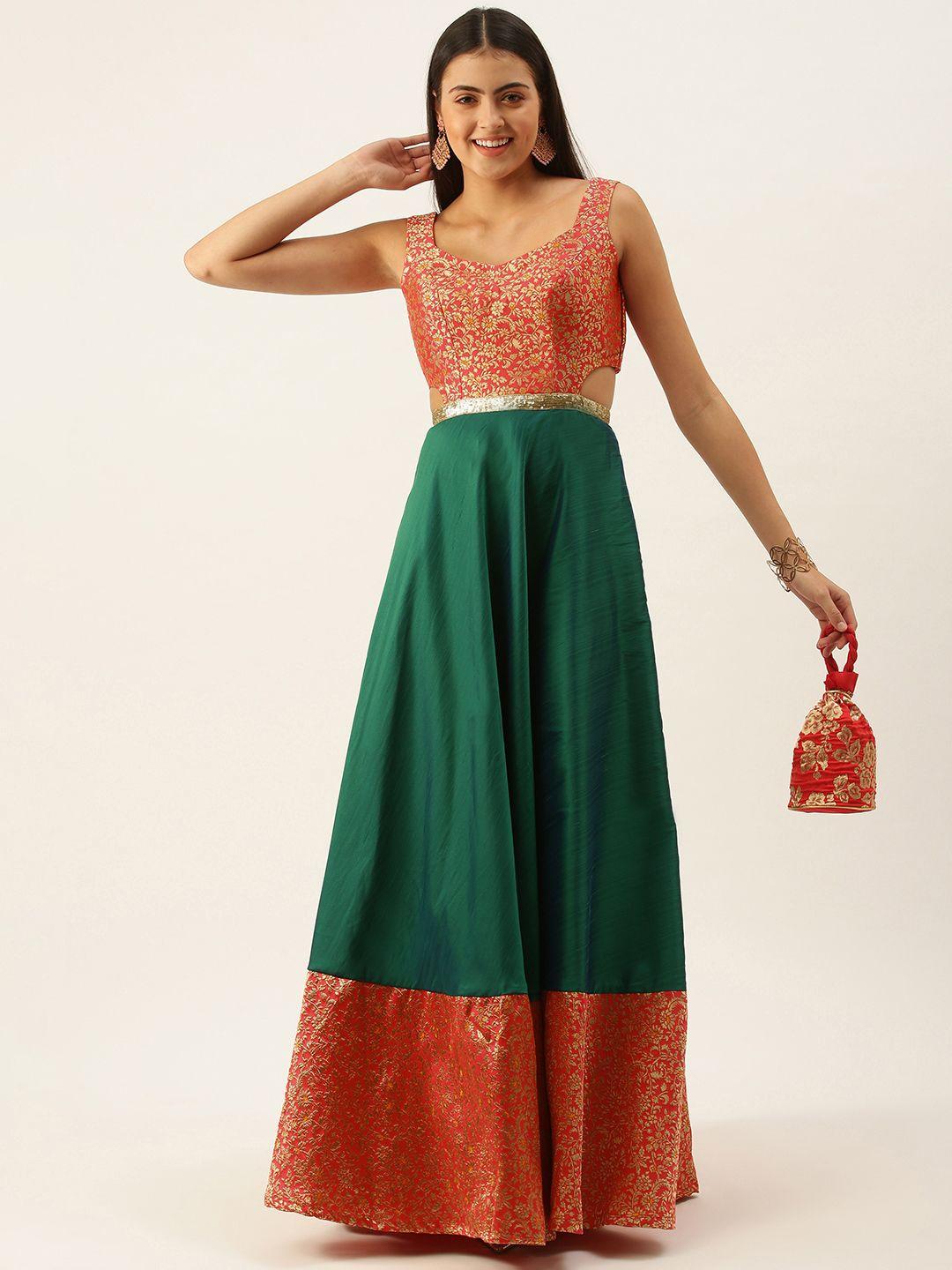 ethnovogue women green & pink made to measure ethnic motifs a-line maxi dress