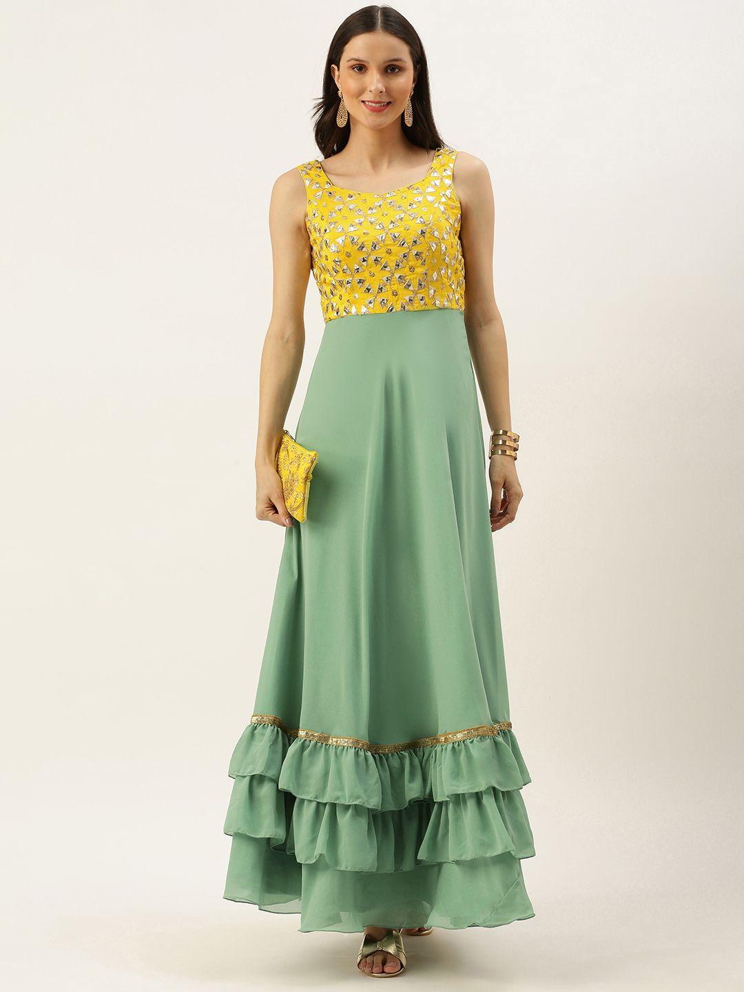 ethnovogue women green & yellow embellished georgette a-line made to measure maxi dress