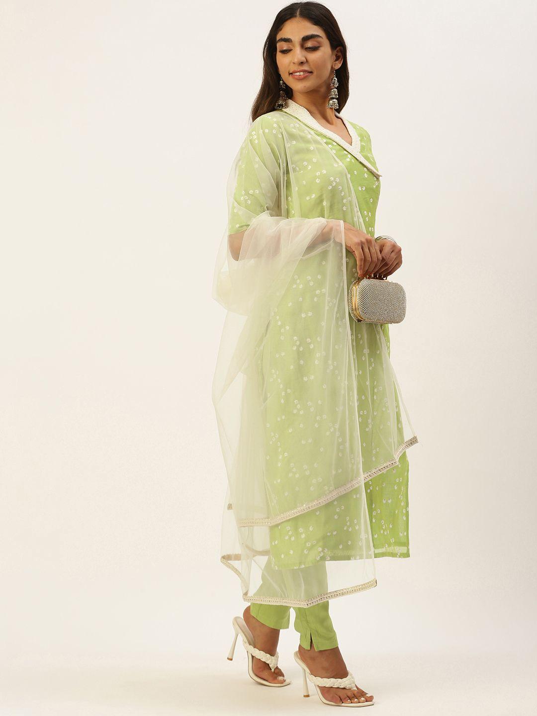 ethnovogue women green floral embroidered kurta with trousers & dupatta