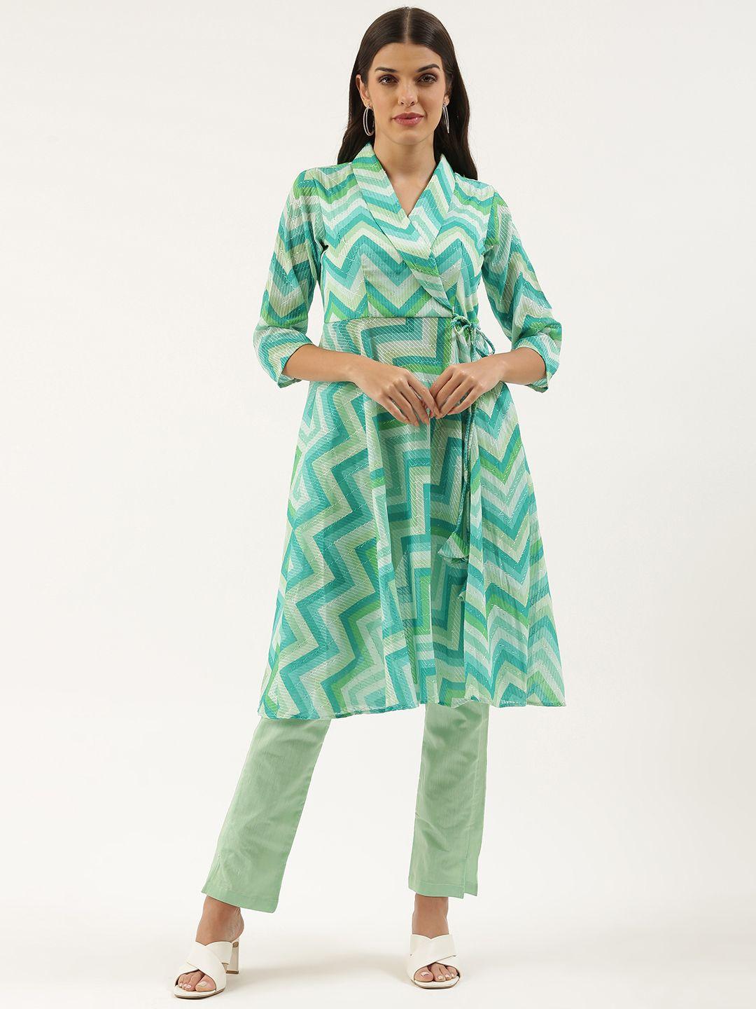 ethnovogue women green made to measure striped kurta with trousers