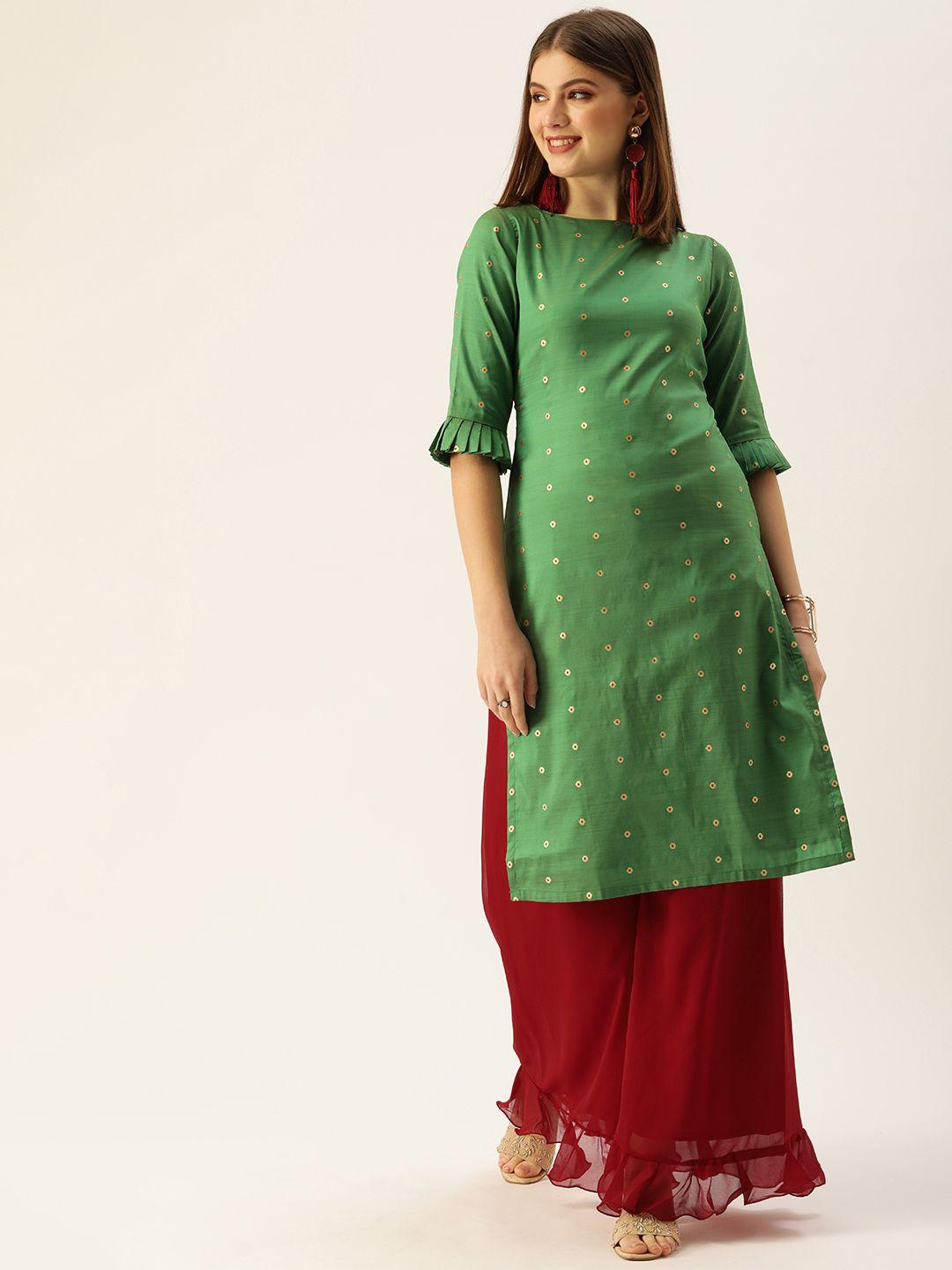 ethnovogue women green printed kurta with palazzos