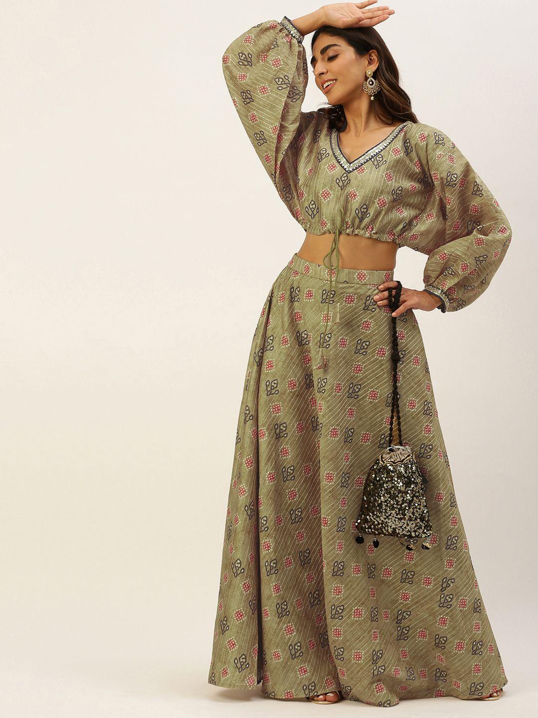 ethnovogue women green printed top with skirt