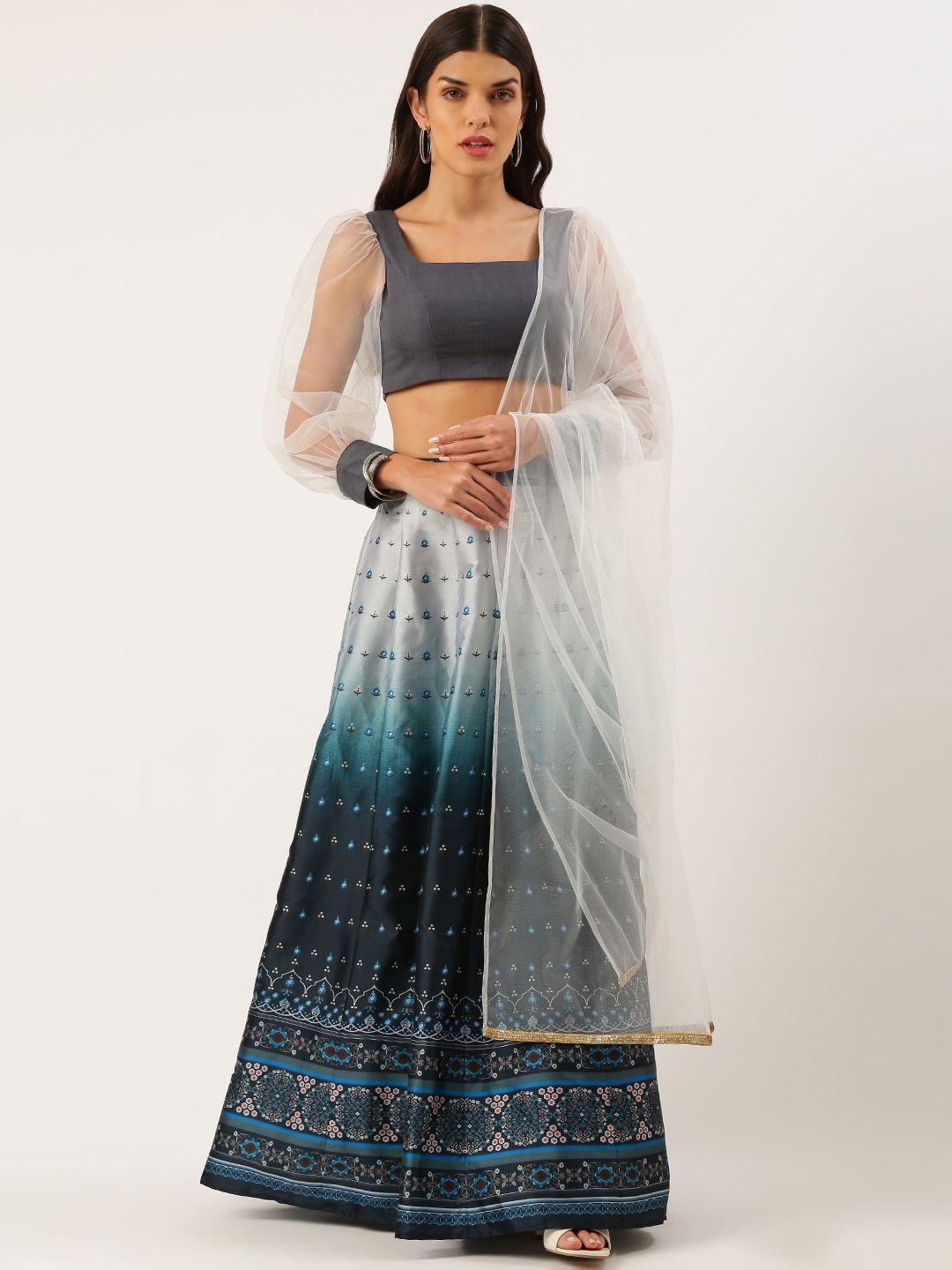 ethnovogue women grey & blue digital print ready to wear lehenga & blouse with dupatta