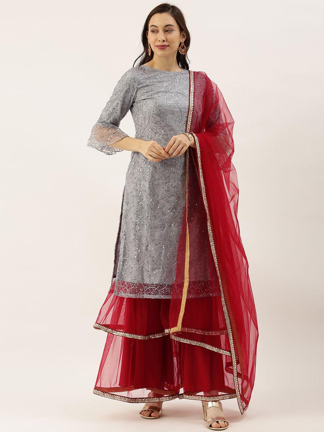 ethnovogue women grey & red embroidered made to measure kurta with sharara & dupatta