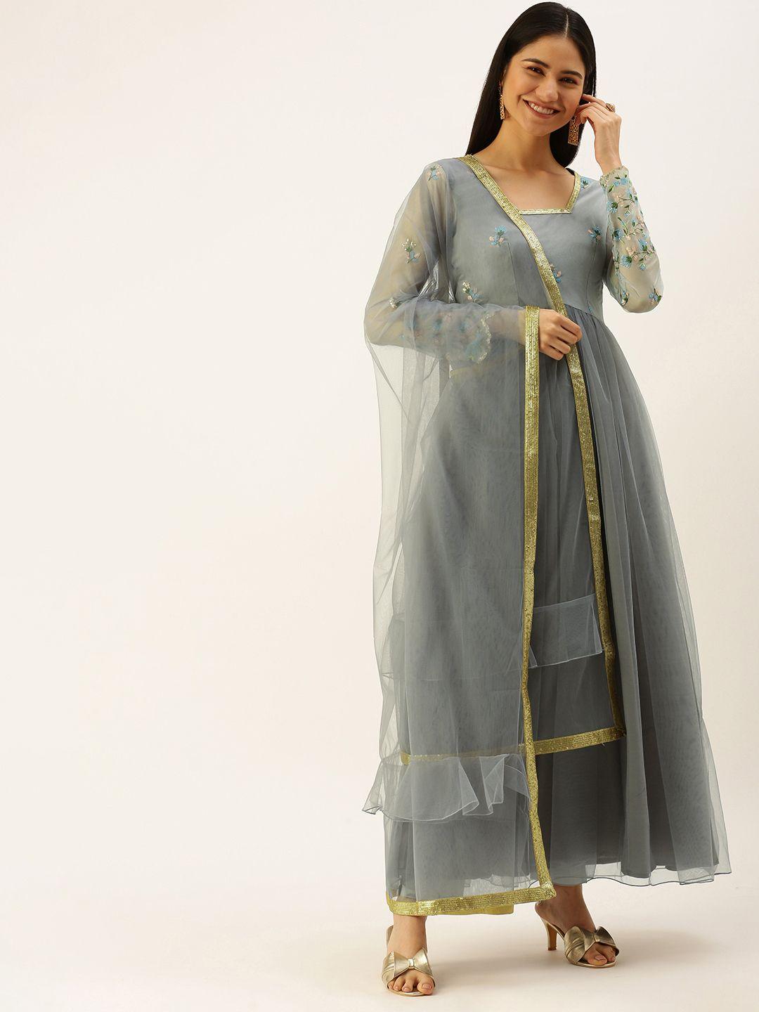 ethnovogue women grey floral embroidered kurta with trousers & dupatta