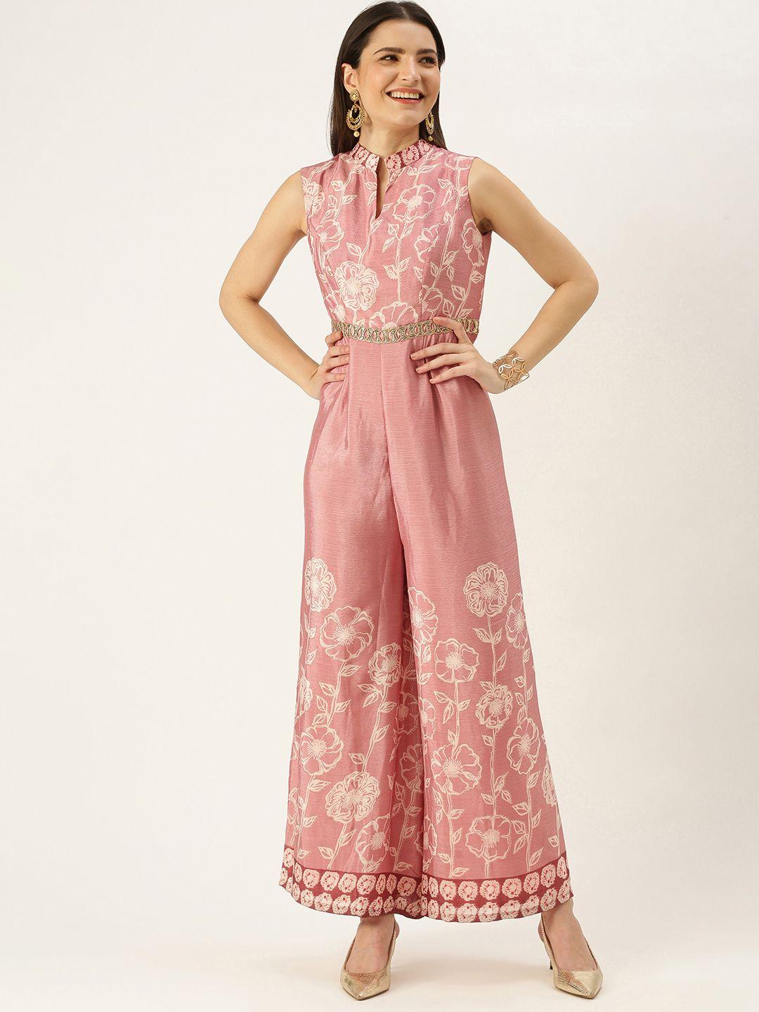 ethnovogue women made to measure pink & cream-coloured embroidered printed basic jumpsuit