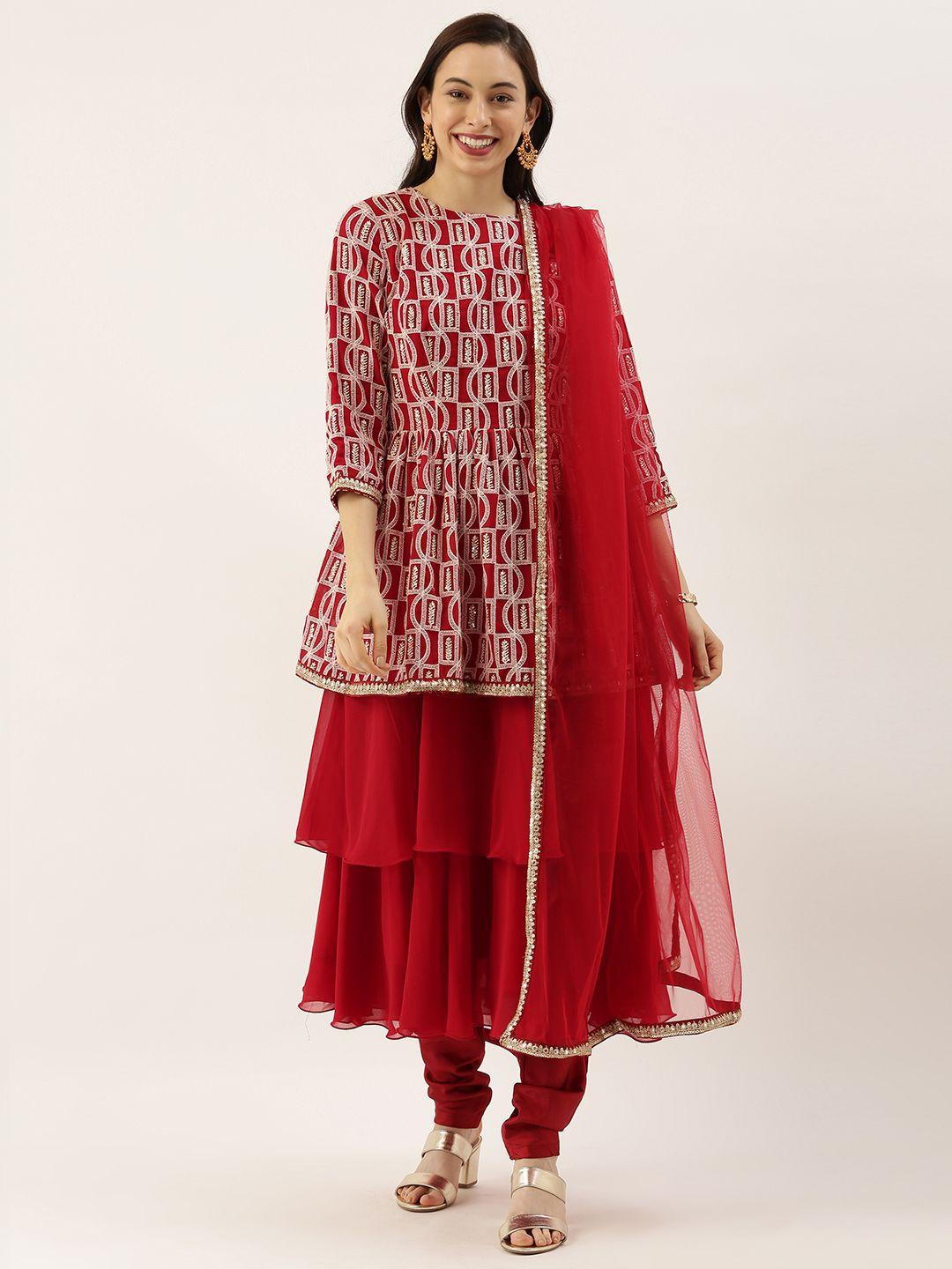 ethnovogue women maroon & white embroidered made to measure kurta with churidar & dupatta