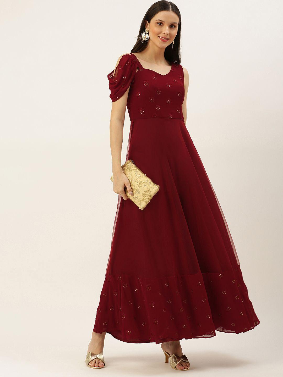 ethnovogue women maroon embellished georgette a-line maxi made to measure dress