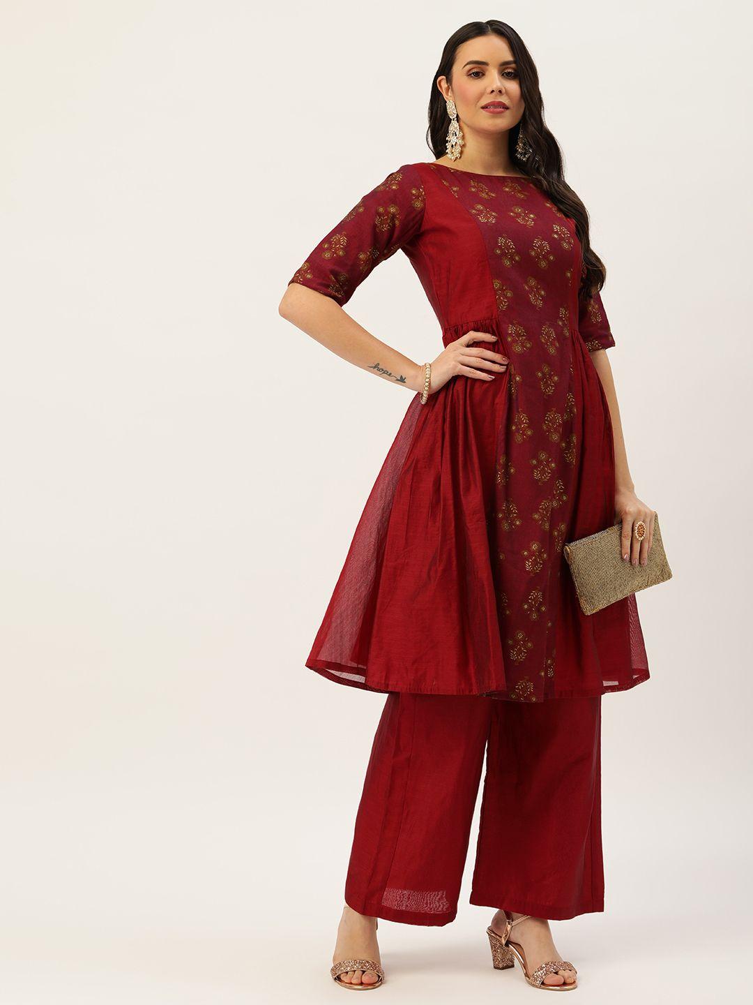 ethnovogue women maroon ethnic motifs made to measure maroon kurta with palazzos & dupatta