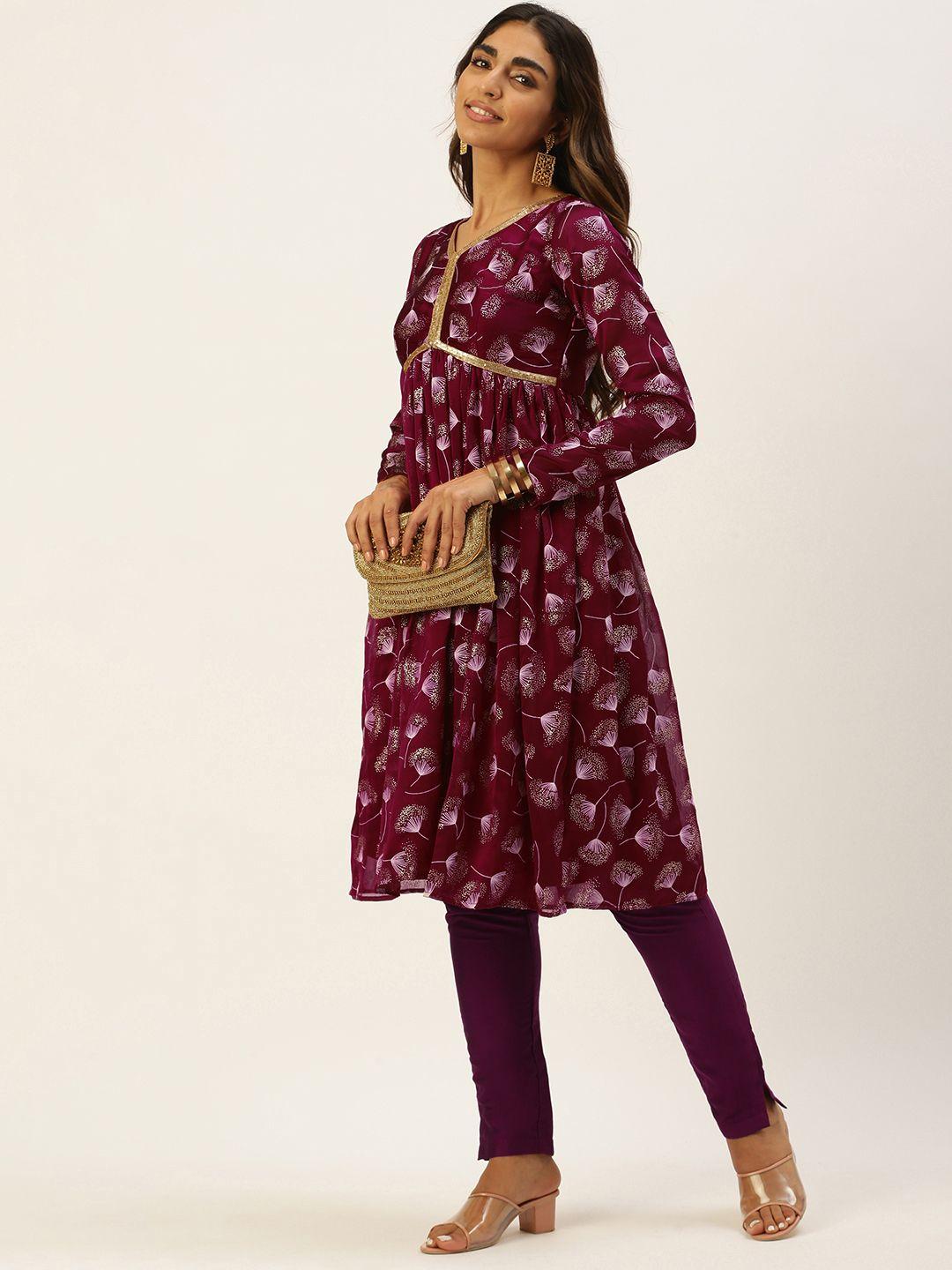 ethnovogue women maroon floral printed kurta with trousers