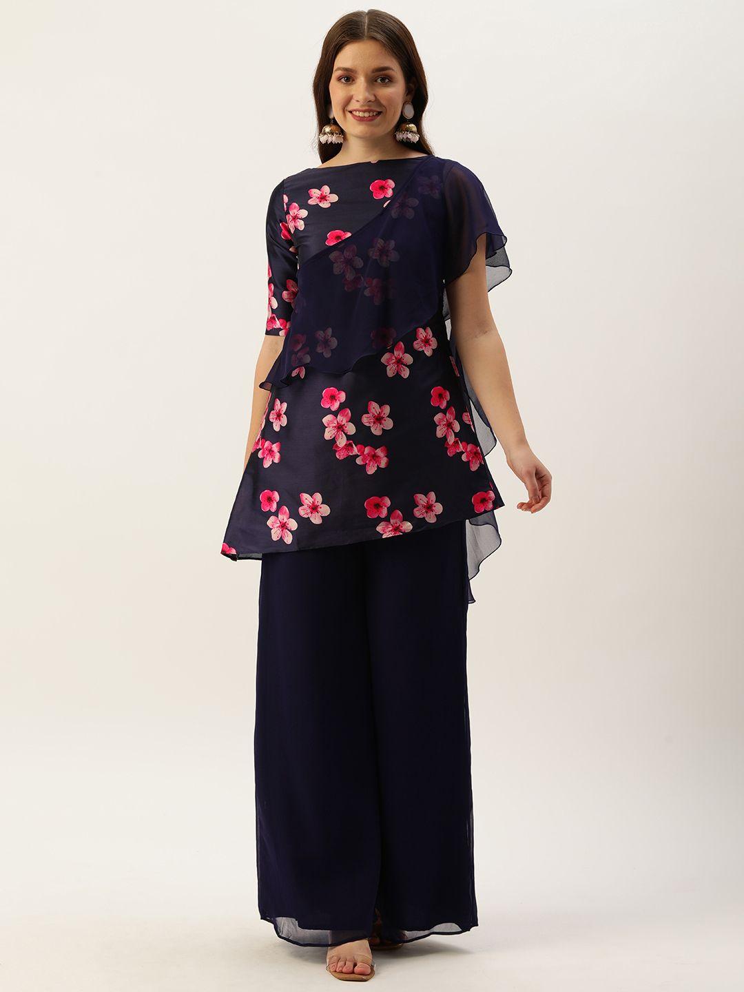 ethnovogue women navy blue & pink floral print made to measure kurti with palazzos