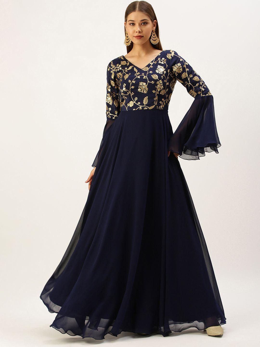 ethnovogue women navy blue floral embroidered ethnic maxi dress