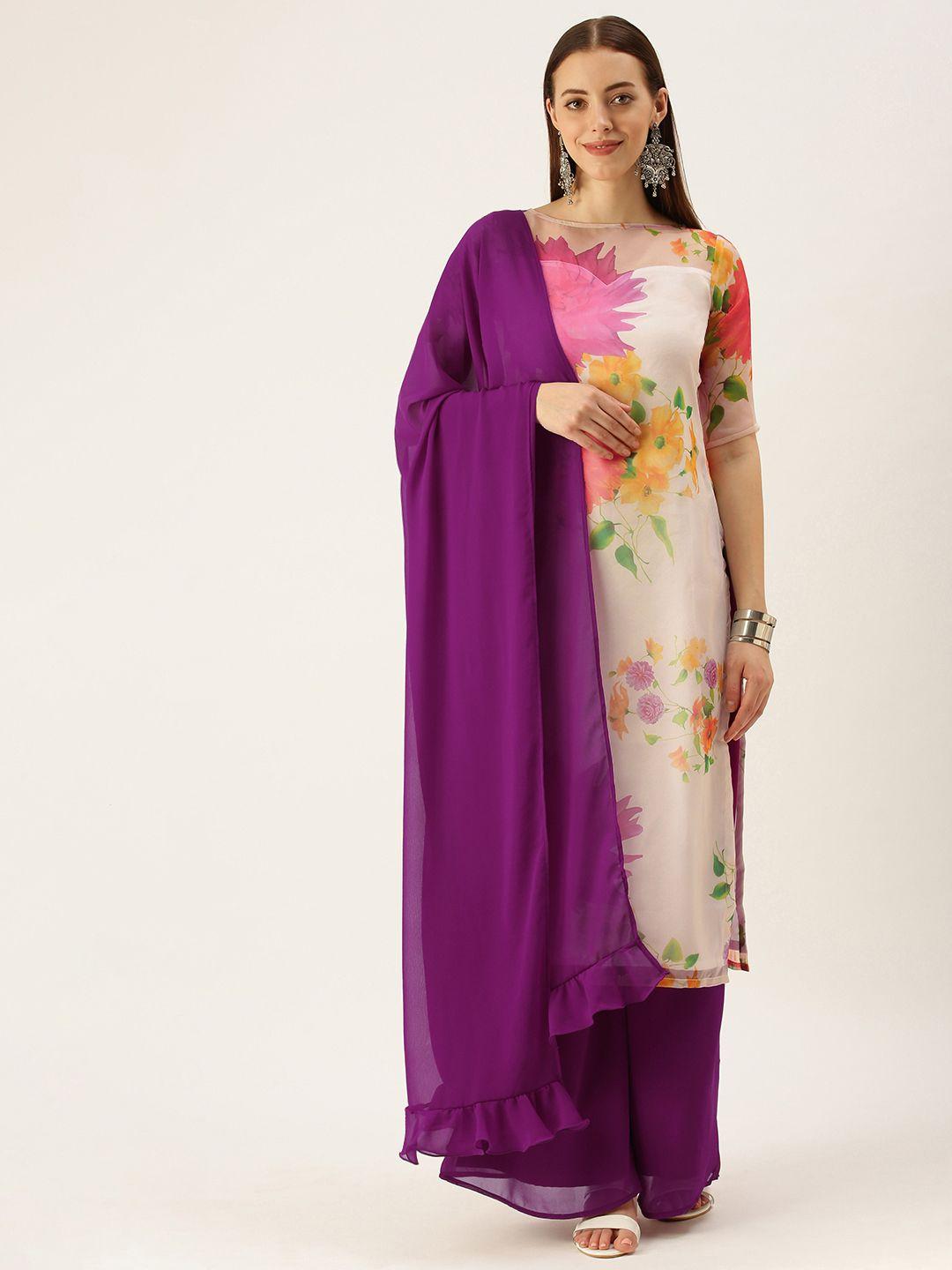 ethnovogue women off white & purple floral printed kurta with palazzos & dupatta