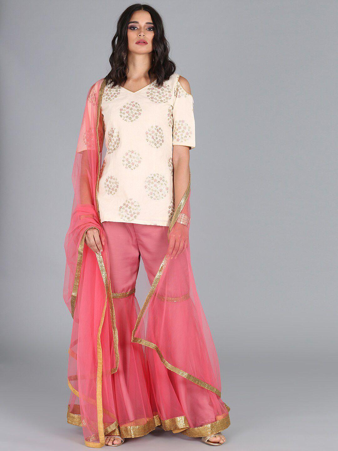 ethnovogue women off white floral embroidered kurta with sharara & with dupatta