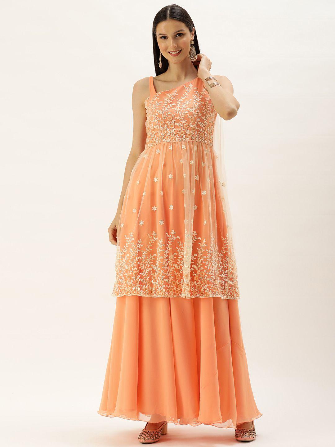 ethnovogue women peach & off white embroidered sequin detail gown