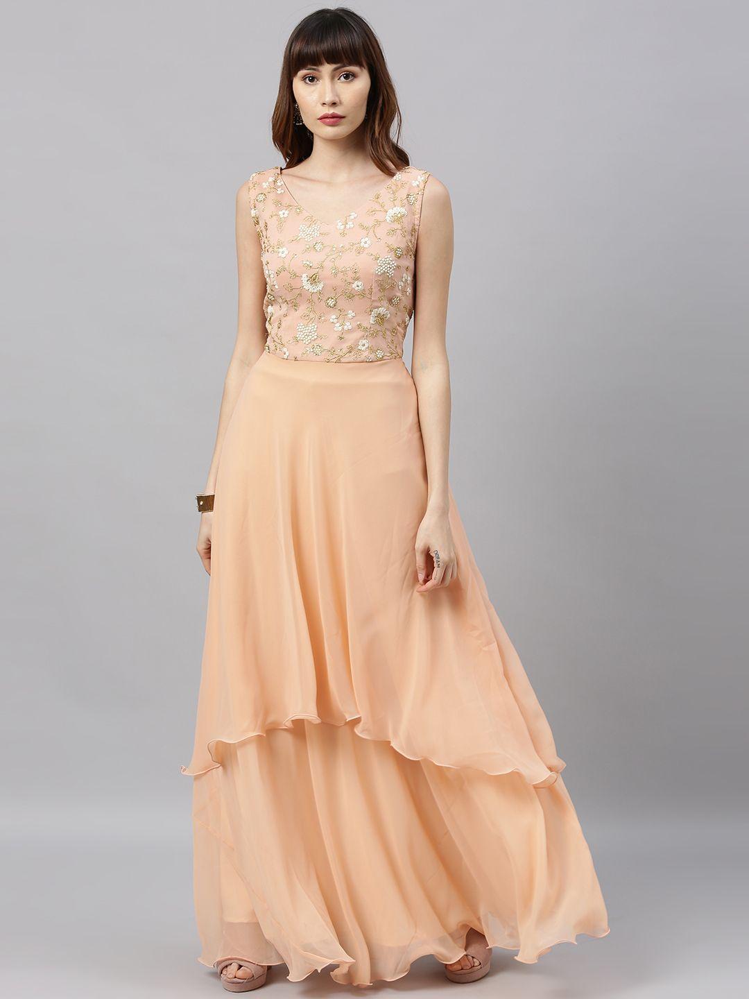 ethnovogue women peach-coloured embroidered fit and flare dress