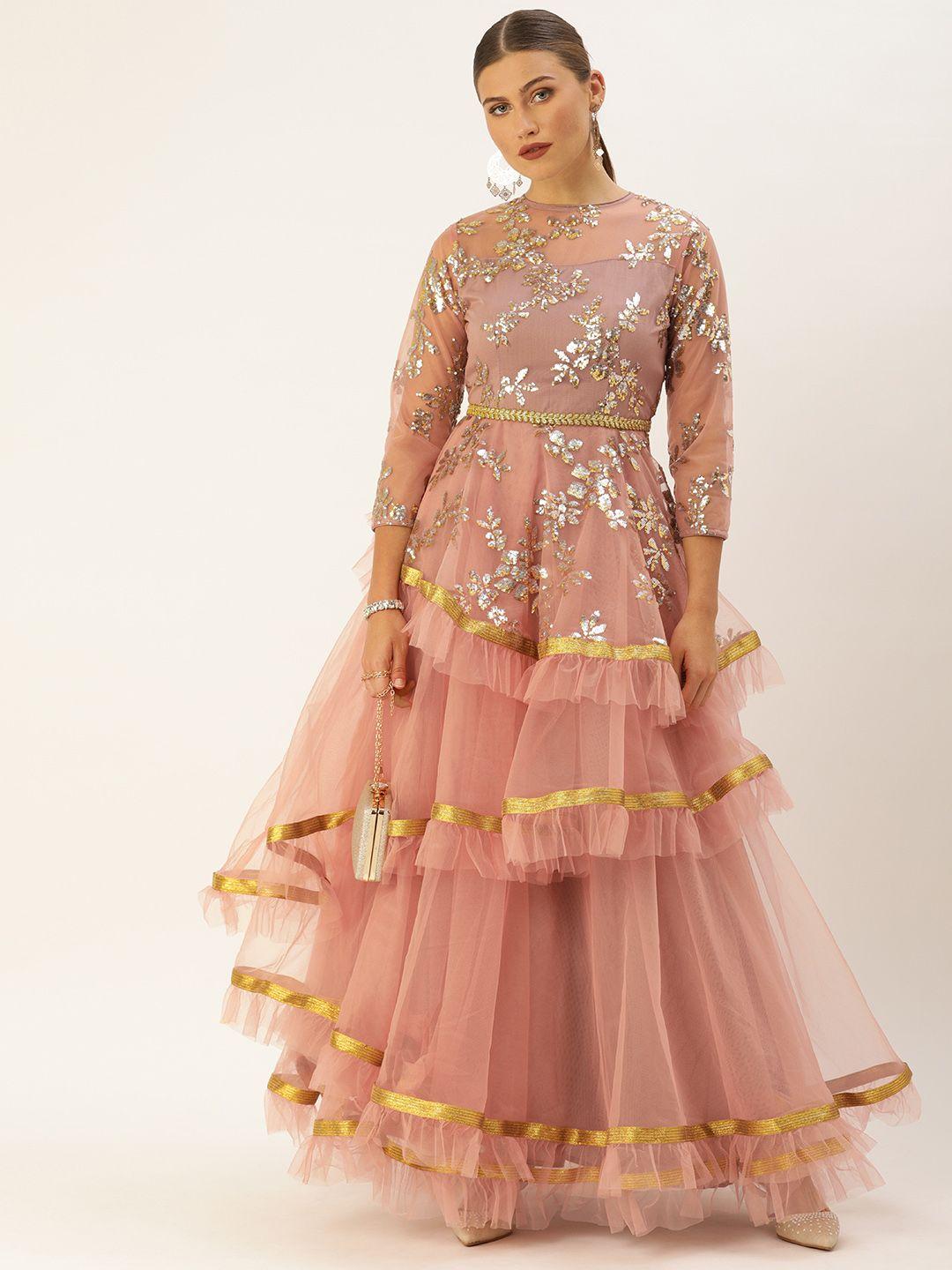 ethnovogue women peach-coloured sequinned embellished layered made to measure maxi dress