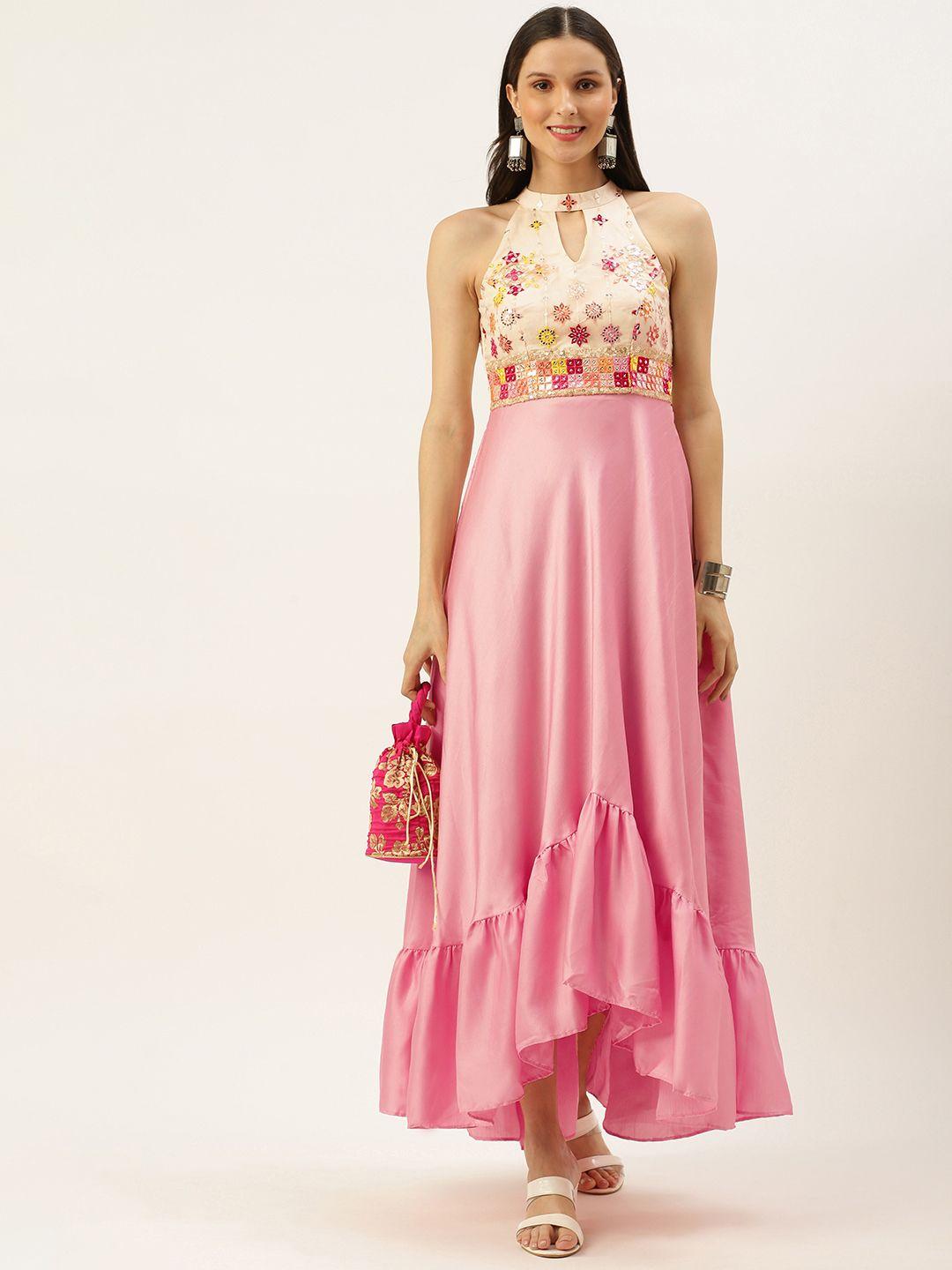 ethnovogue women pink & cream-coloured embroidered satin a-line maxi made to measure dress