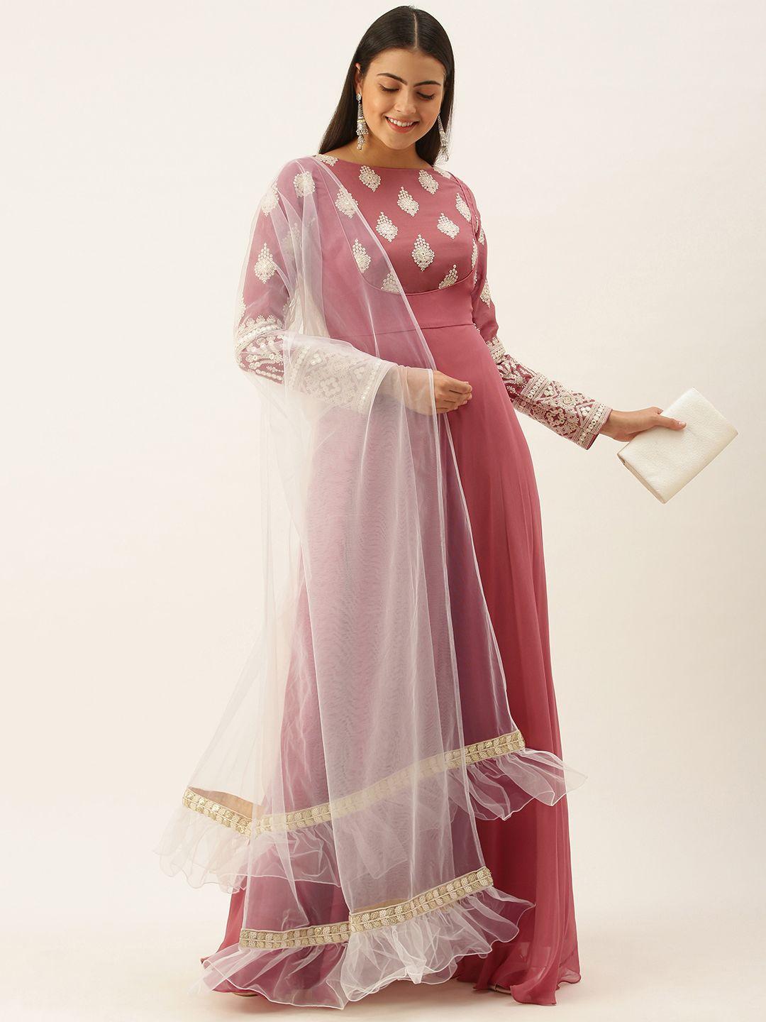 ethnovogue women pink & white made to measure ethnic kurti with palazzo & with dupatta