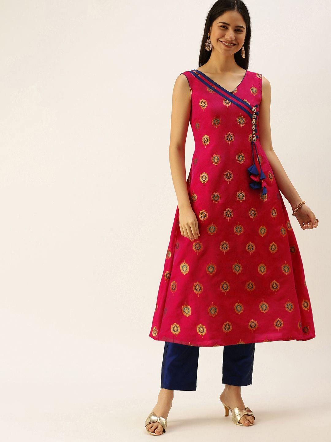 ethnovogue women pink ethnic motifs printed angrakha kurta with trousers