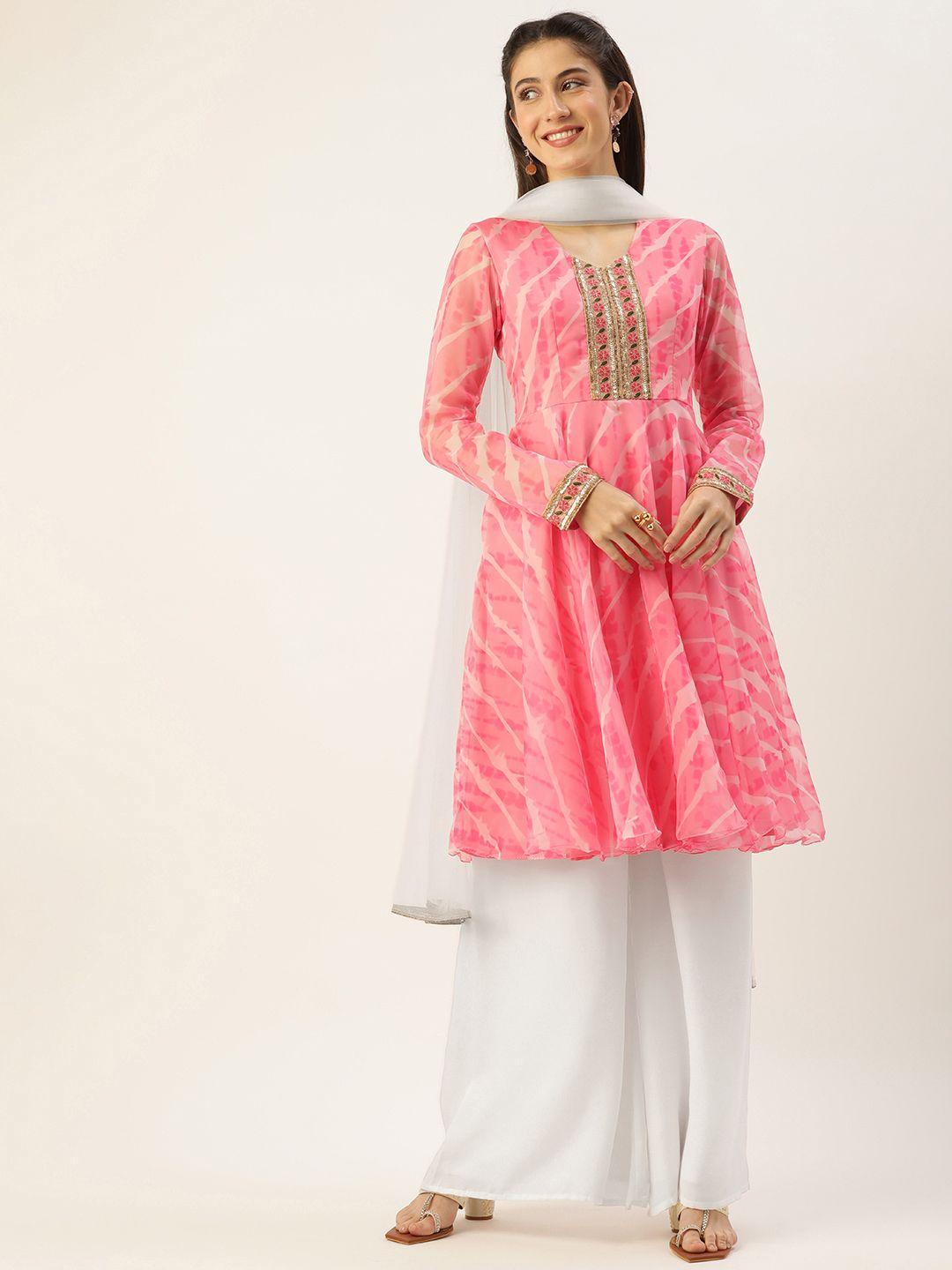 ethnovogue women pink floral yoke design kurta with palazzos & with dupatta