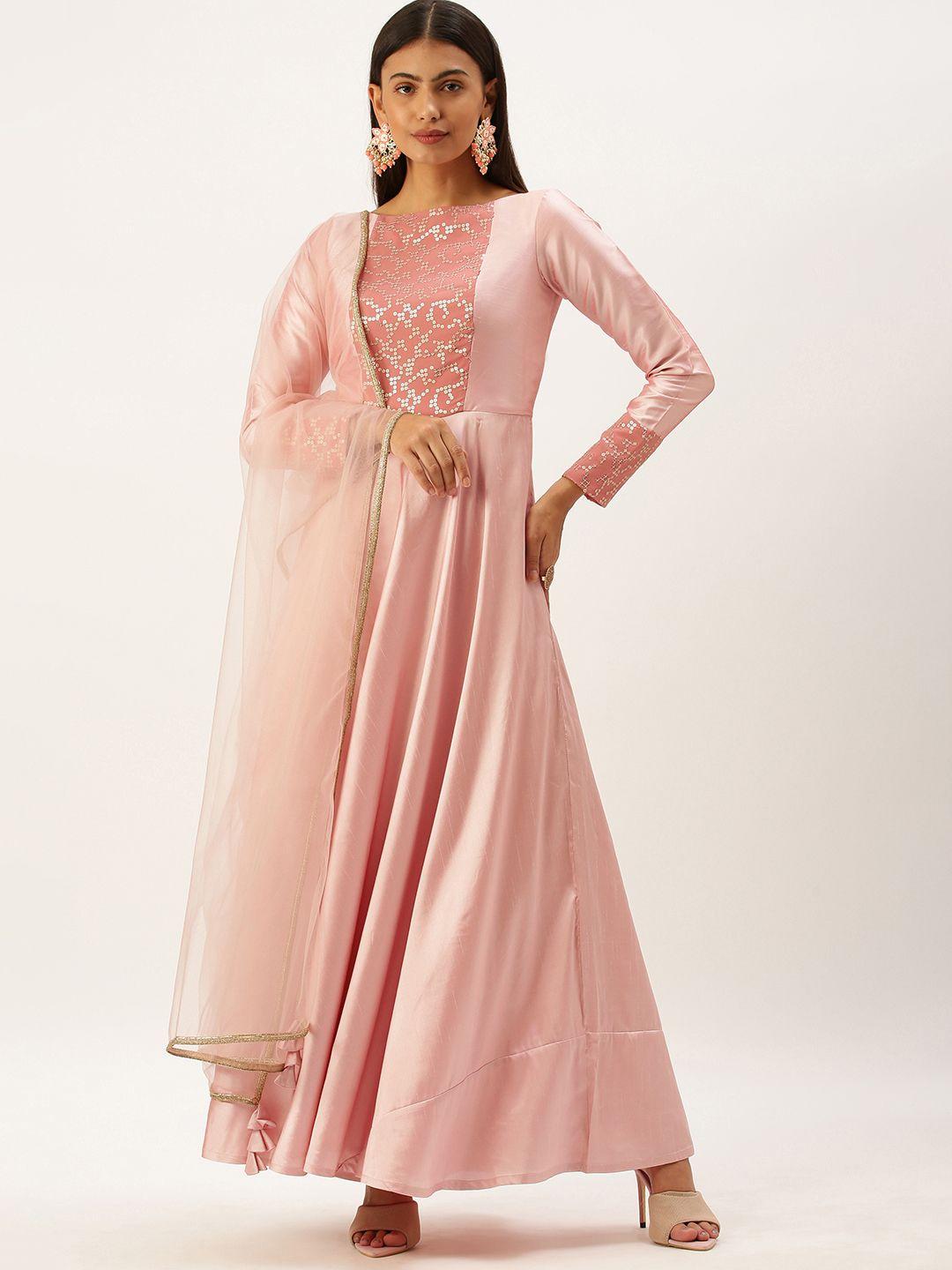 ethnovogue women pink yoke design sequinned kurta with trousers & with dupatta