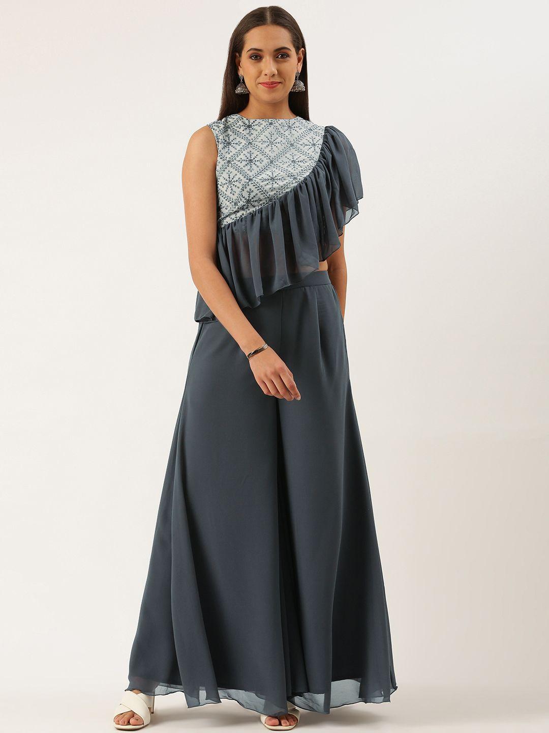 ethnovogue women ready to wear grey embroidered top with palazzo