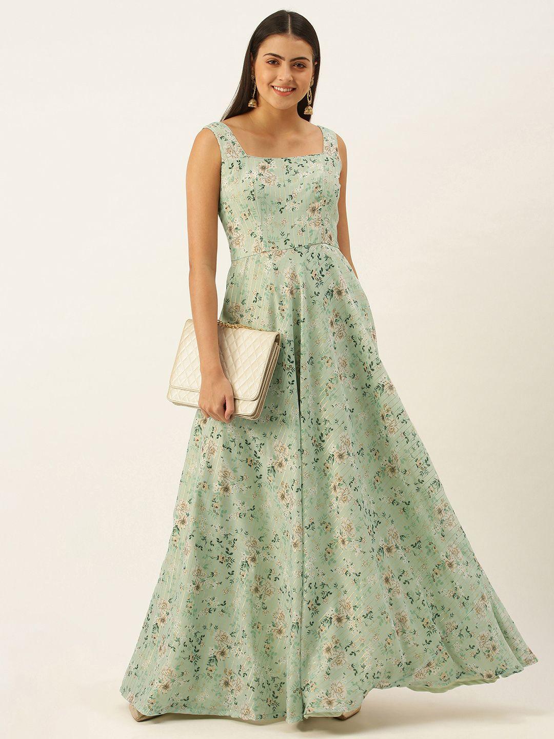 ethnovogue women sea green & beige cotton made to measure floral print a-line maxi dress