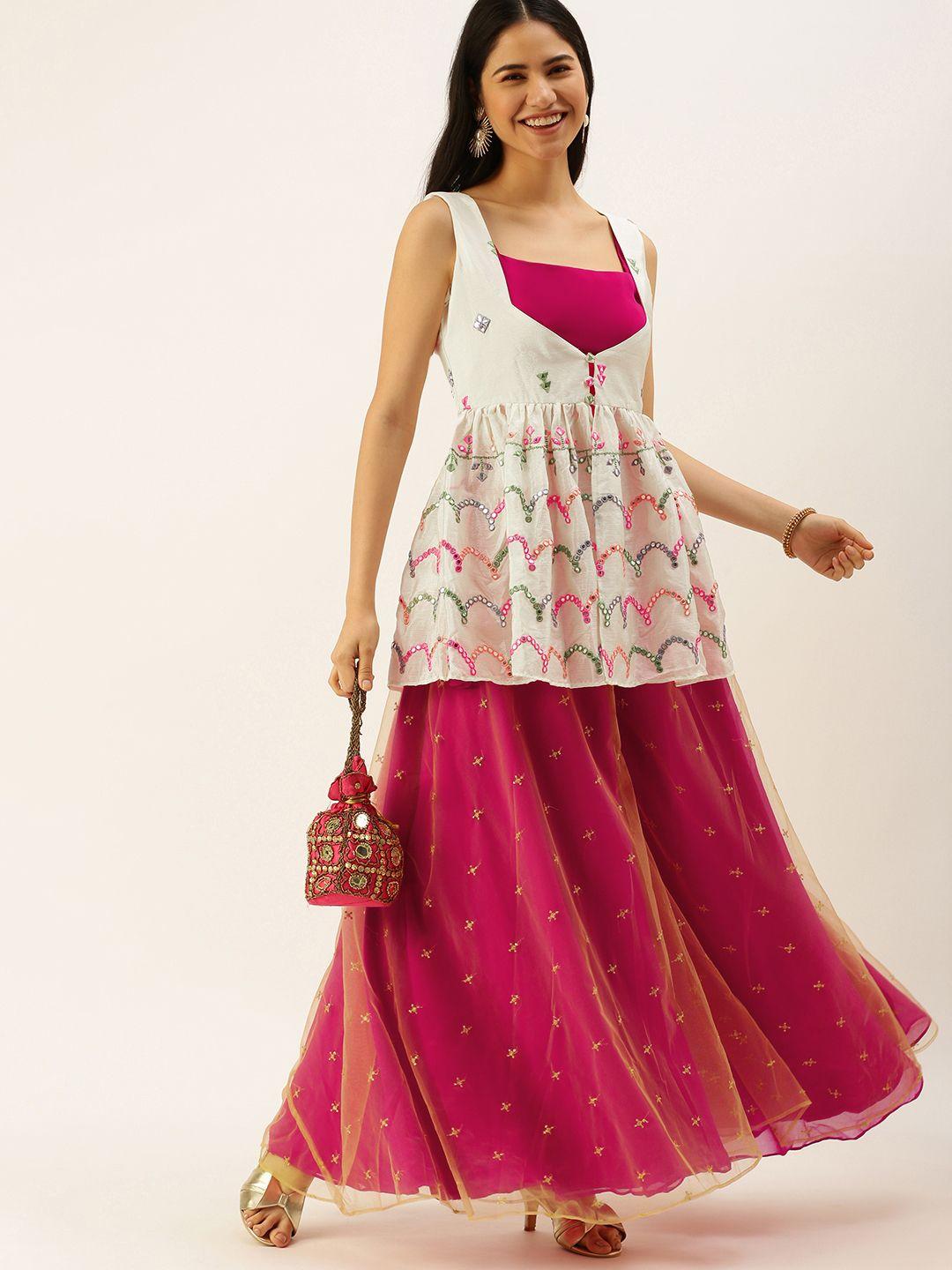 ethnovogue women white & fuchsia pink mirror work top with sharara