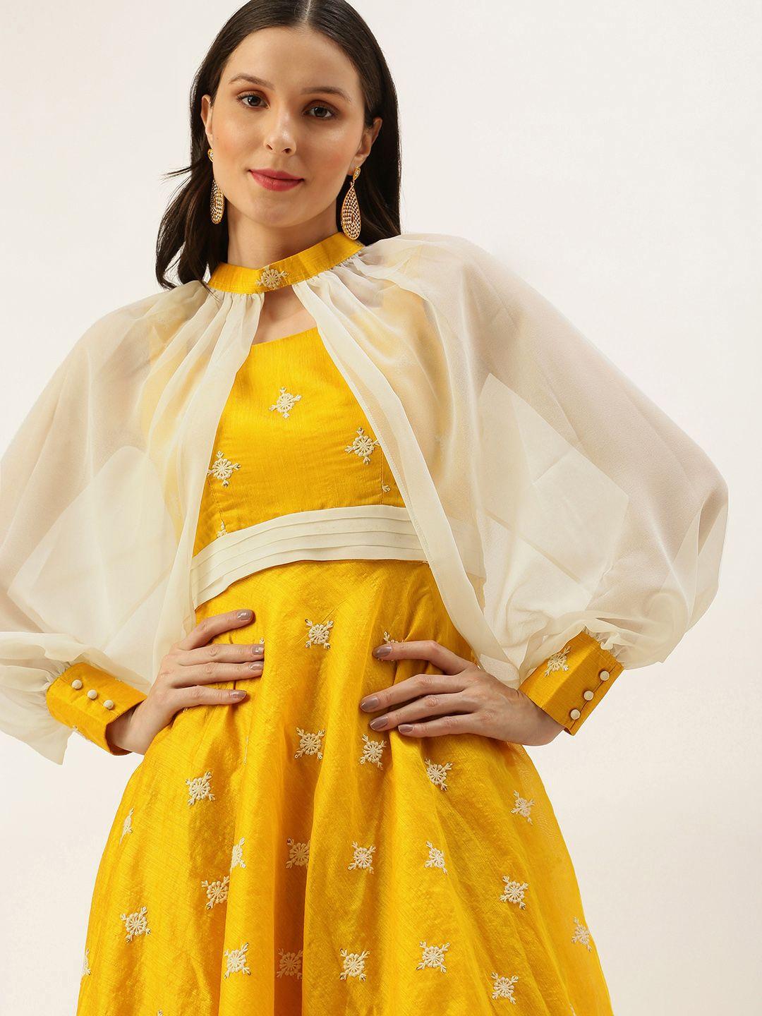 ethnovogue women yellow & off white floral a-line maxi made to measure dress with shrug