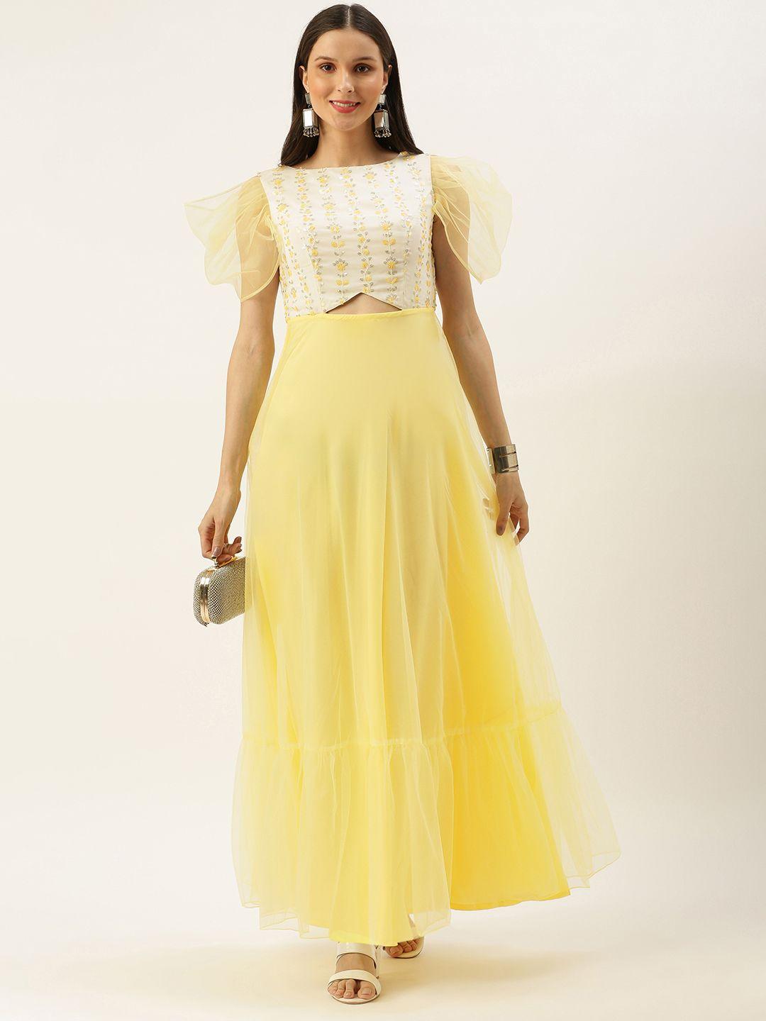 ethnovogue women yellow & white made to measure white embroidered  gown