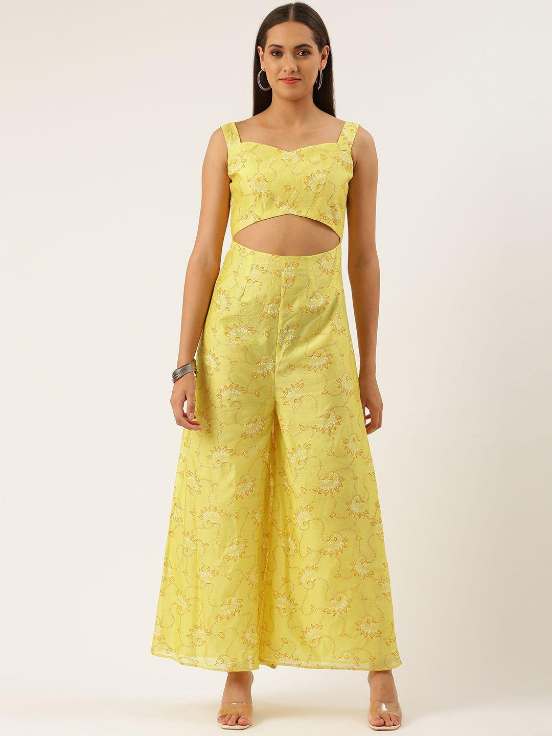 ethnovogue women yellow ethnic print printed cut out basic jumpsuit