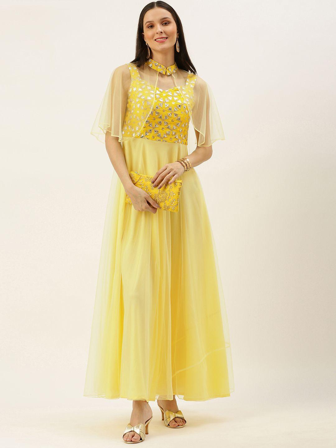 ethnovogue women yellow made to measure embroidered gown with cape