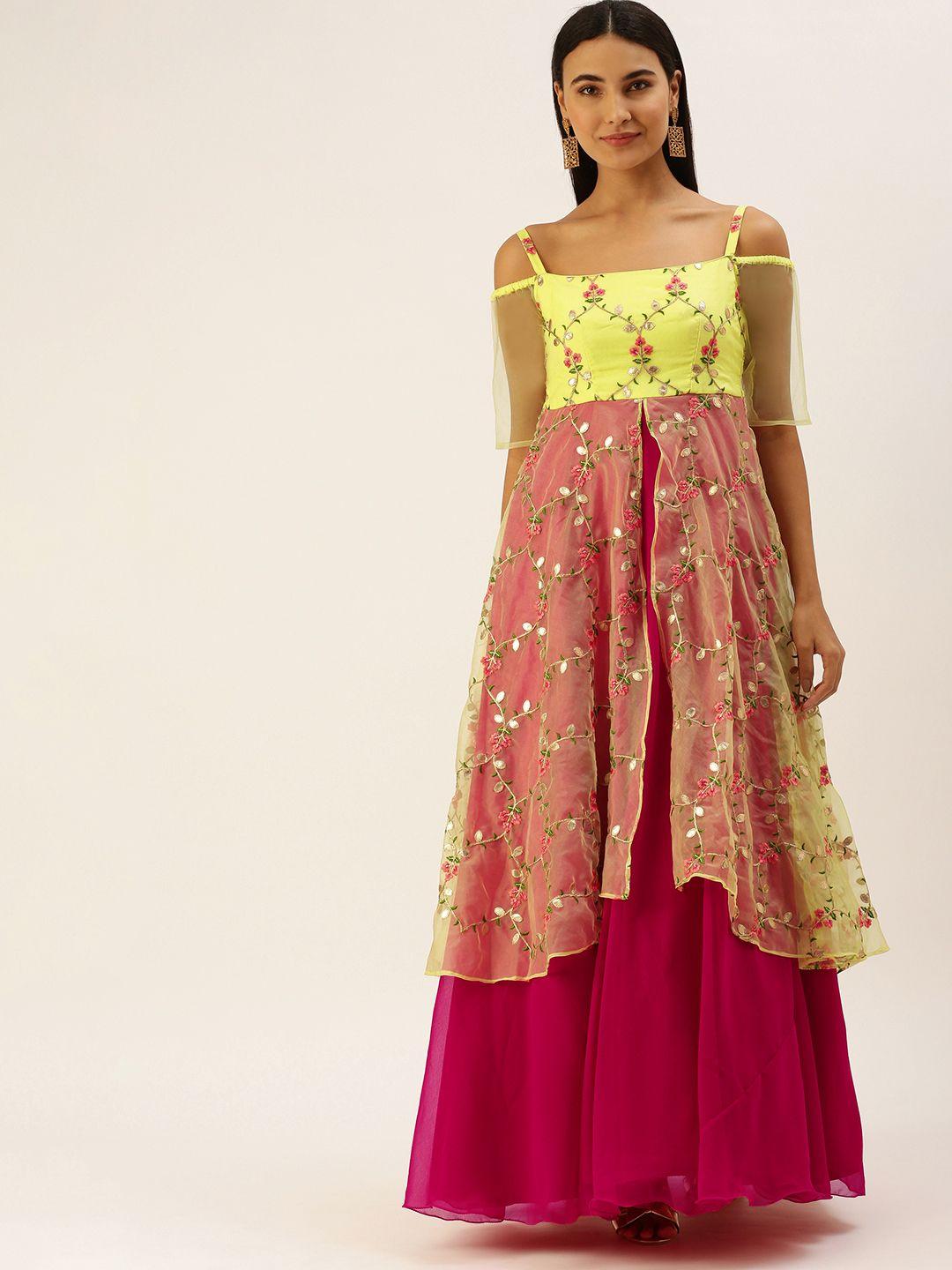 ethnovogue yellow & fuchsia pink floral sequined layered ethnic maxi dress