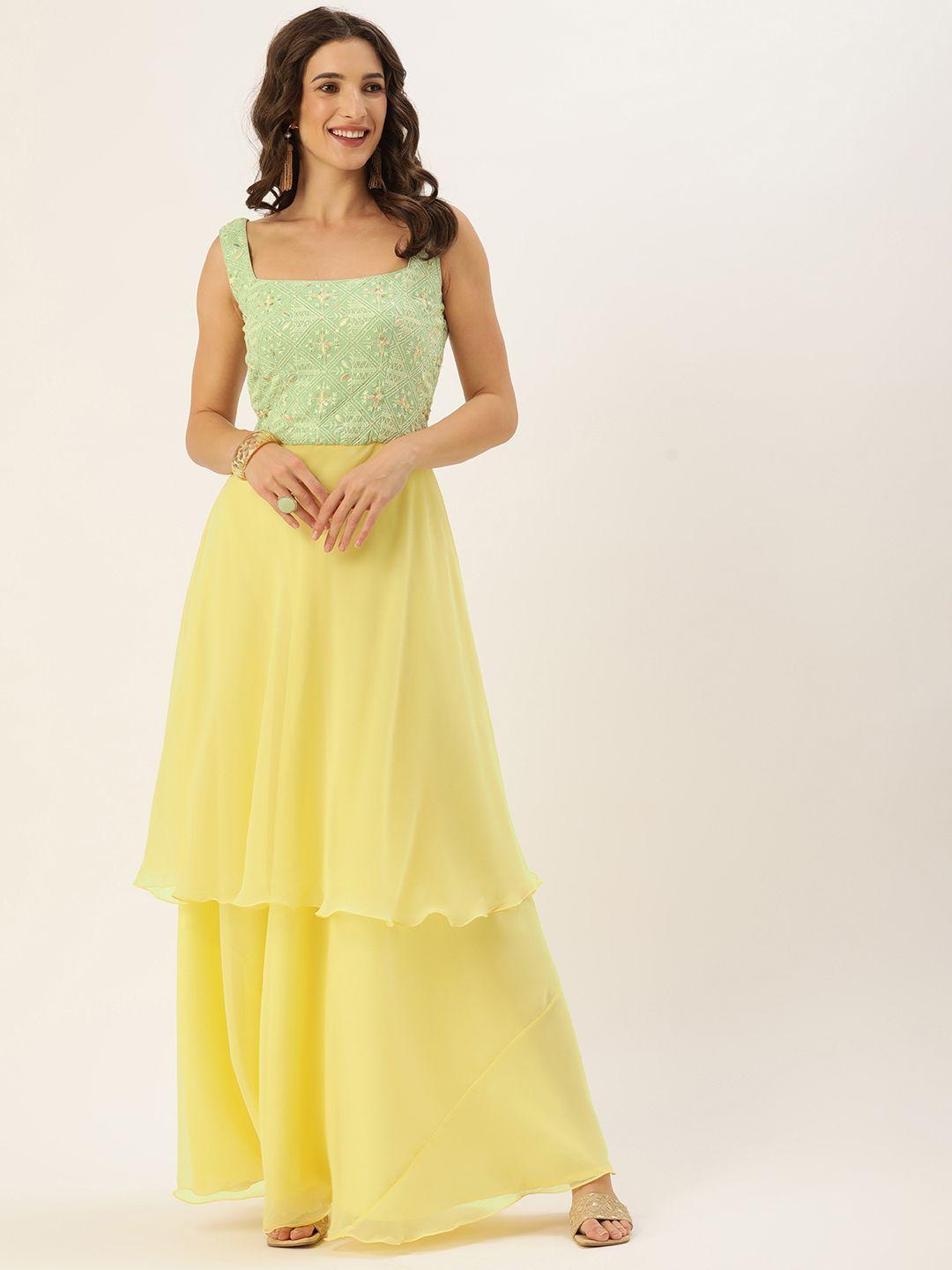 ethnovogue yellow & green embroidered square neck layered made to measure georgette gown