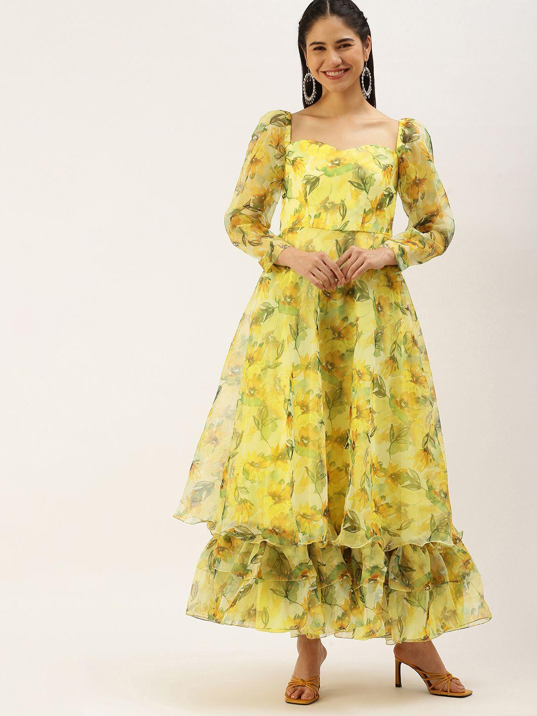 ethnovogue yellow & green floral print layered ethnic organza maxi dress