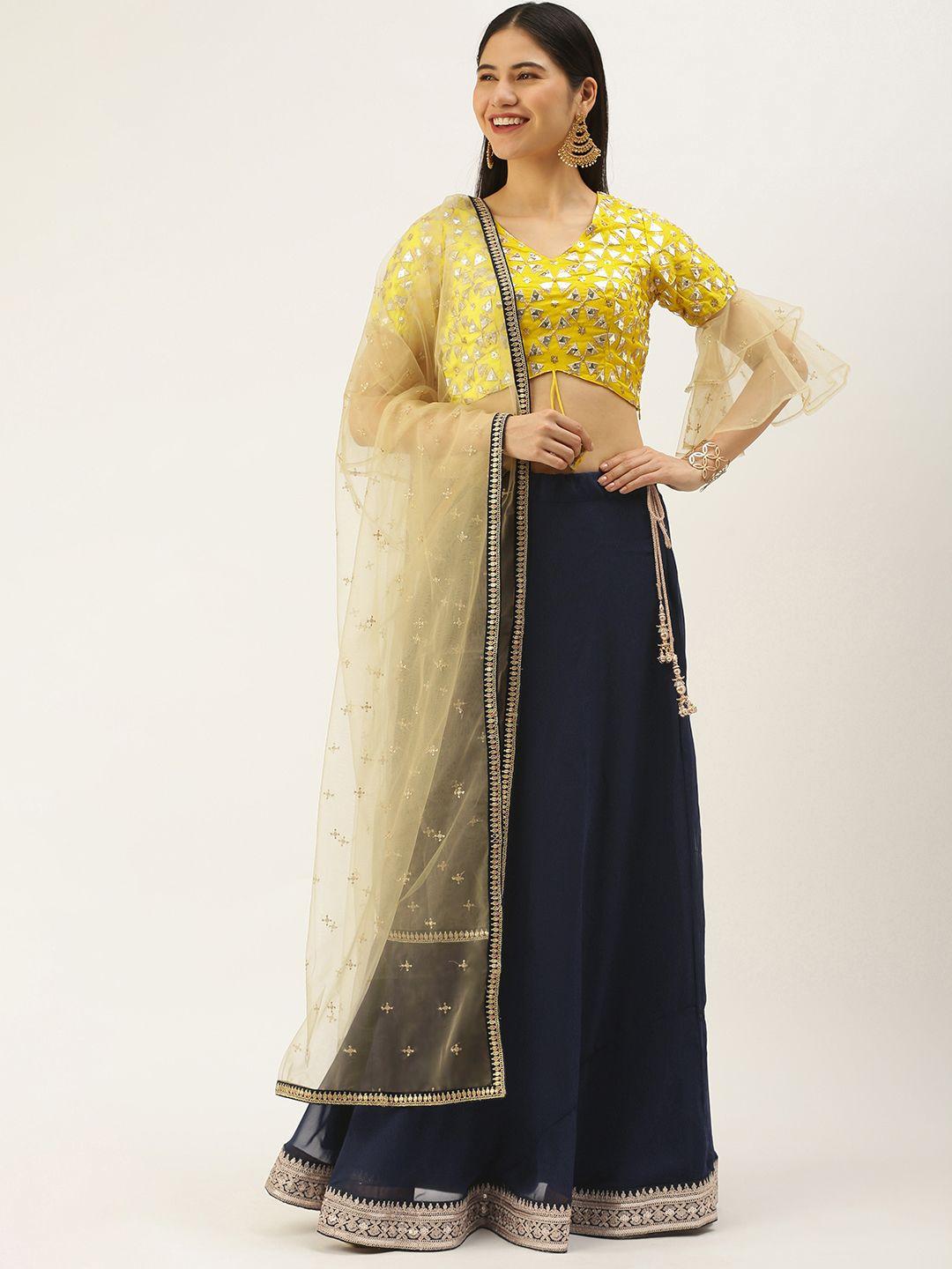 ethnovogue yellow & navy blue embroidered sequinned ready to wear lehenga & blouse with dupatta