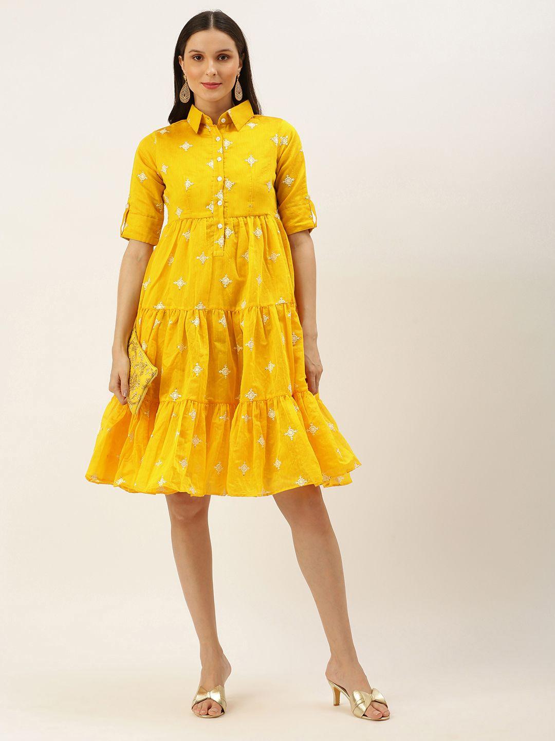 ethnovogue yellow chanderi cotton ethnic motifs embroidered a-line dress