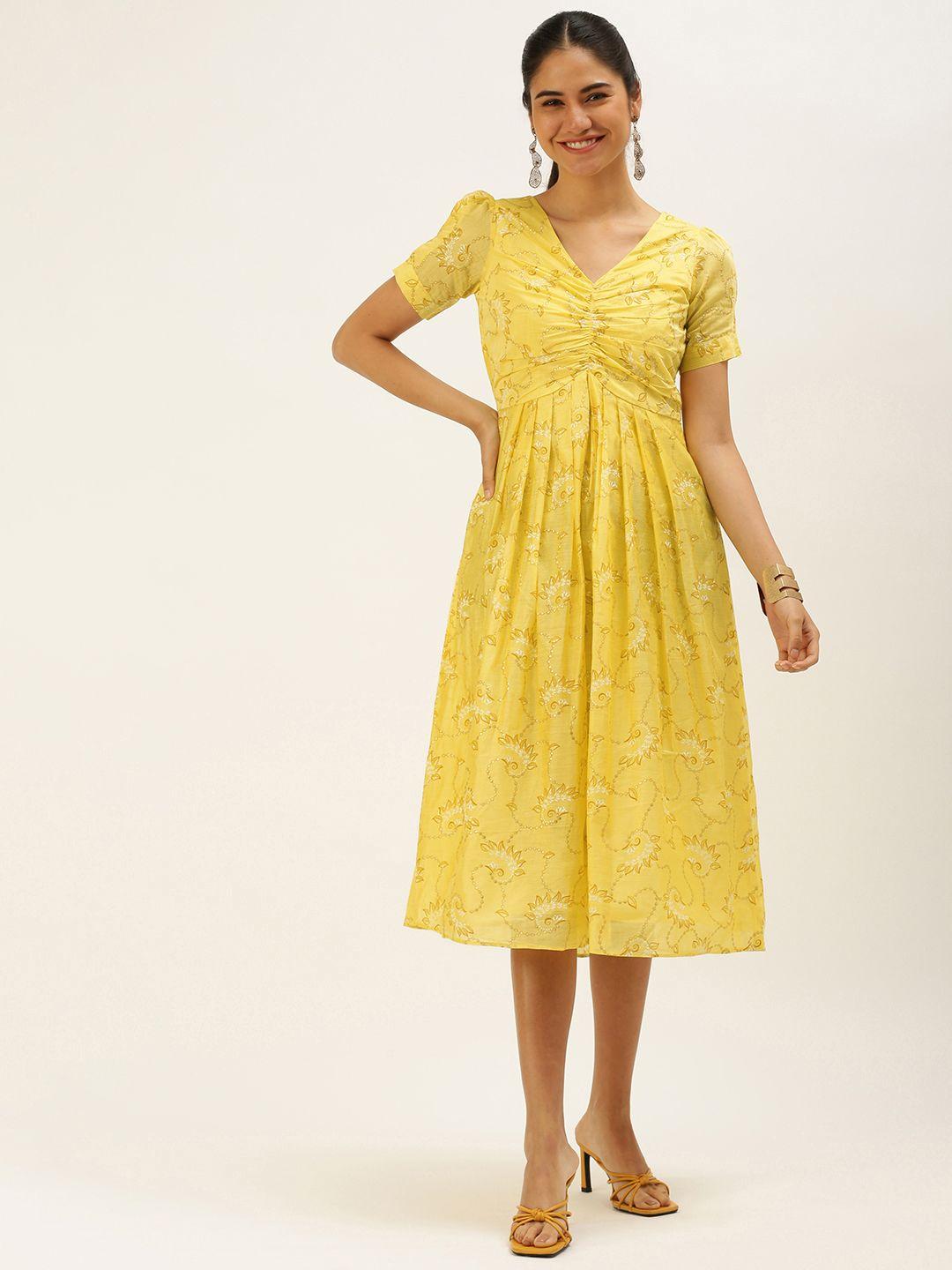 ethnovogue yellow foil print art silk ethnic a-line dress