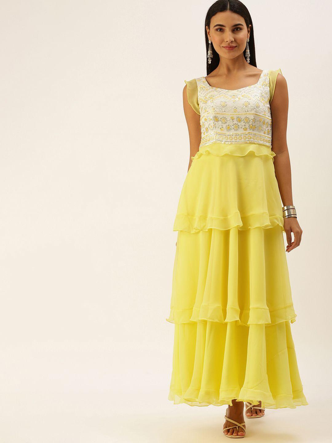 ethnovogue yellow layered georgette ethnic maxi dress