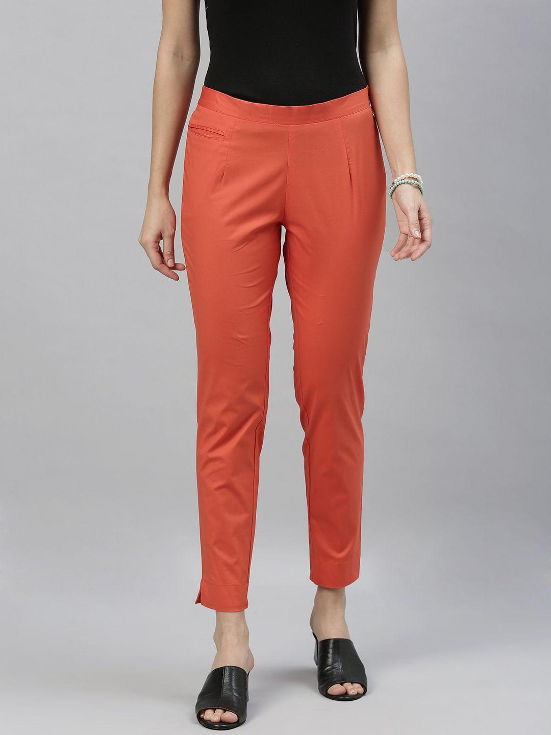 etiquette women rust orange slim fit solid regular trousers