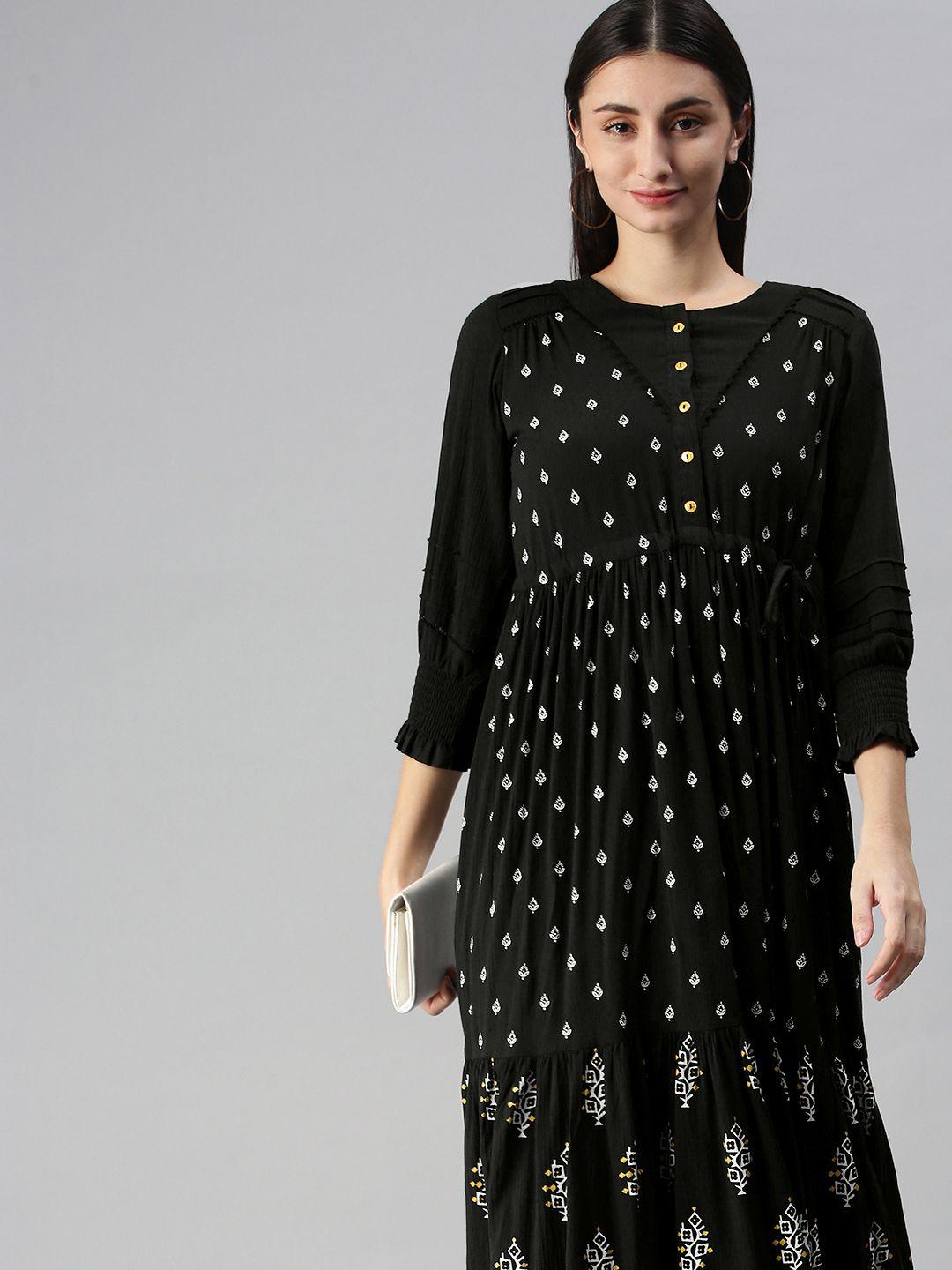 etiquette black ethnic motif print cotton a-line dress