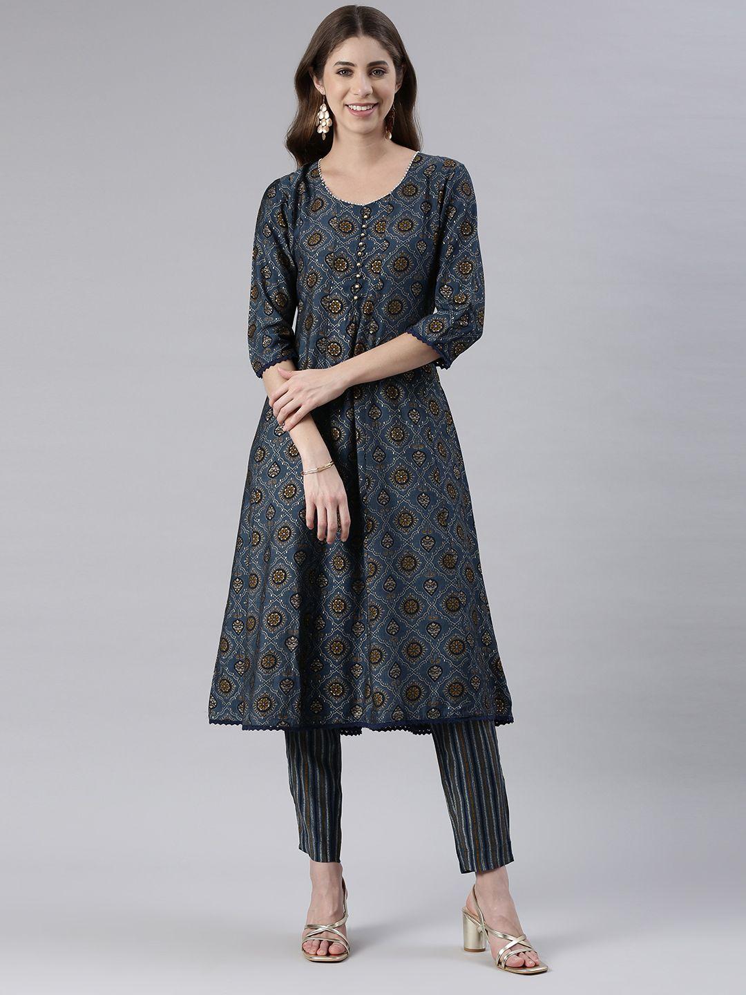 etiquette ethnic motifs printed beads & stones kurta with trousers