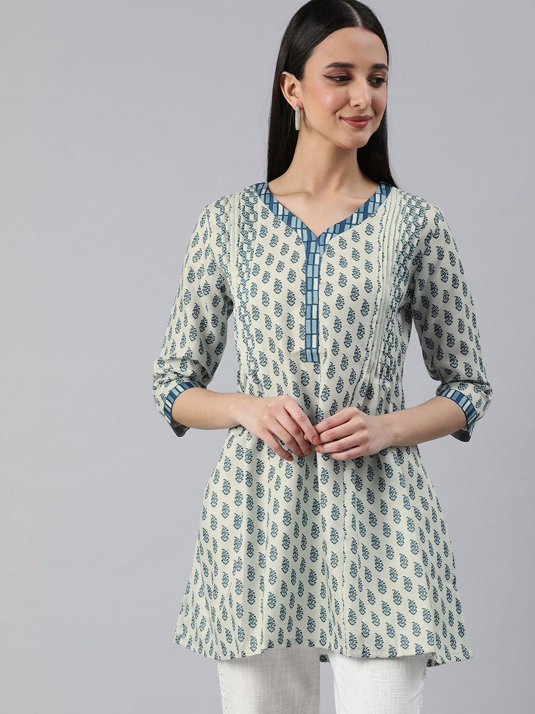 etiquette ethnic motifs printed v-neck pleated a-line kurti