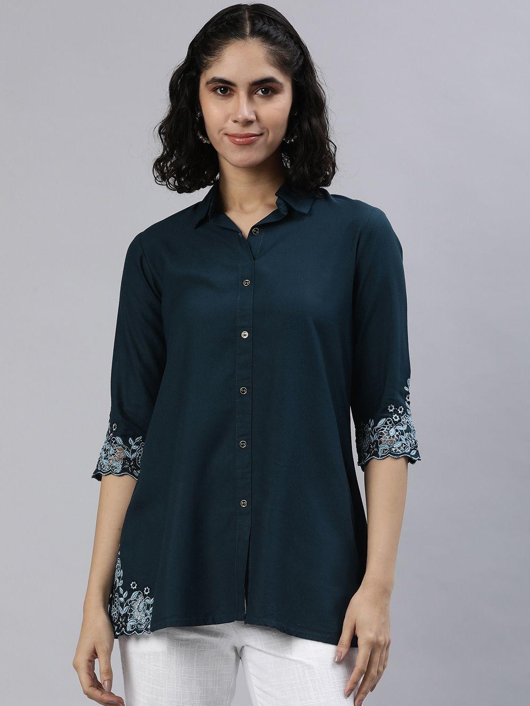 etiquette floral embroidered shirt collar pure cotton kurti