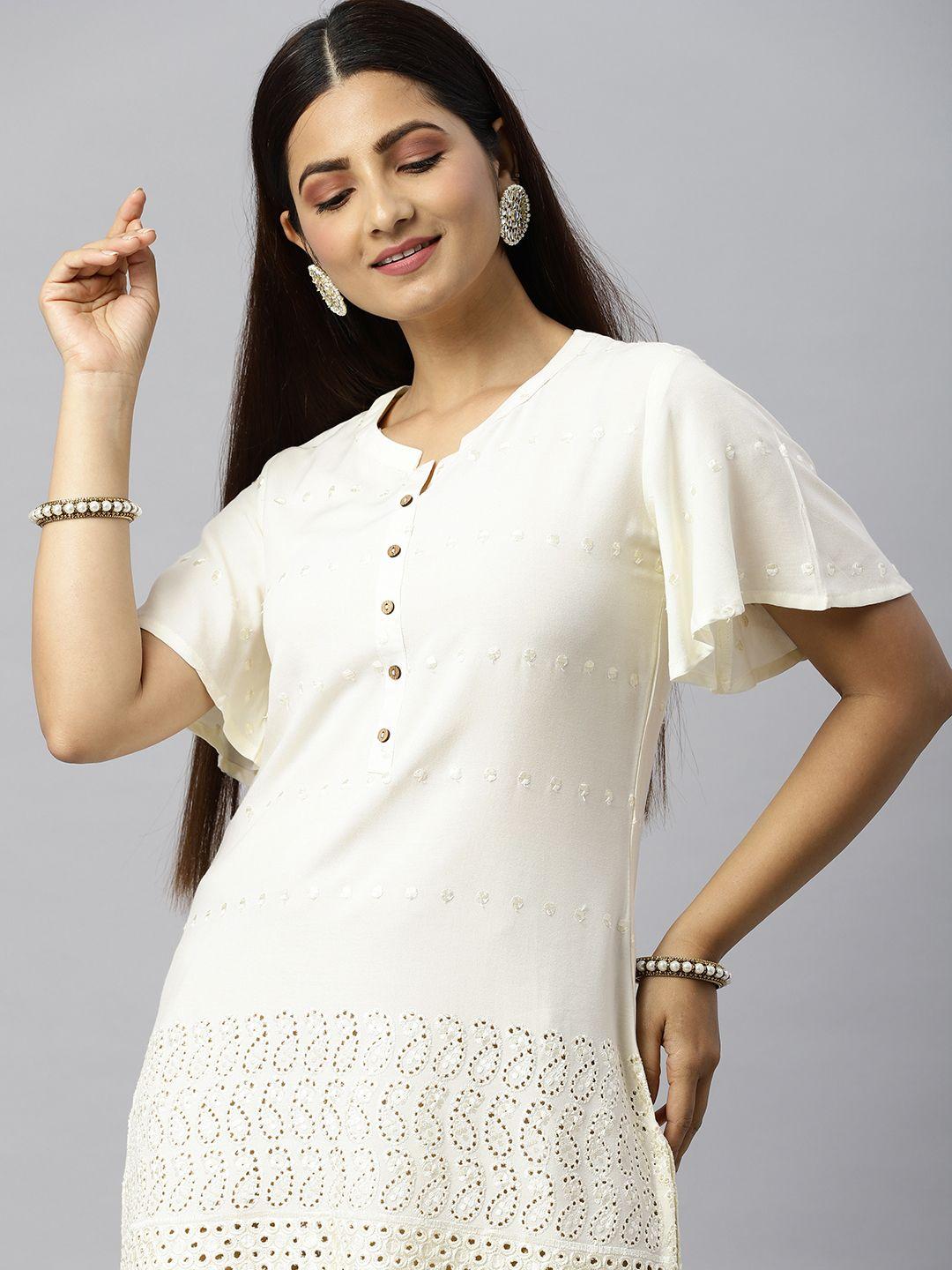 etiquette off white embroidered flared sleeves dobby woven kurti