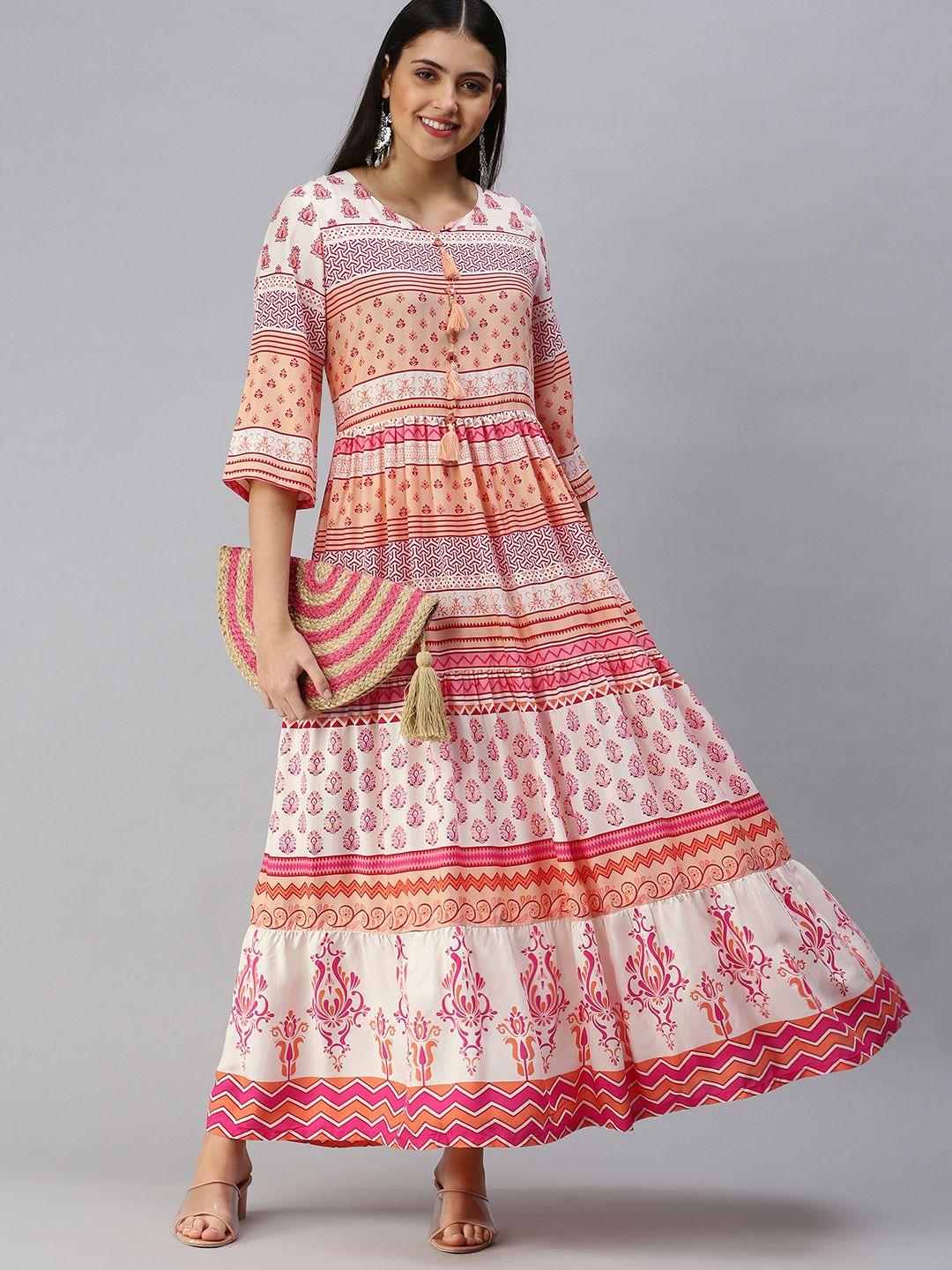 etiquette white & pink ethnic motifs ethnic maxi dress