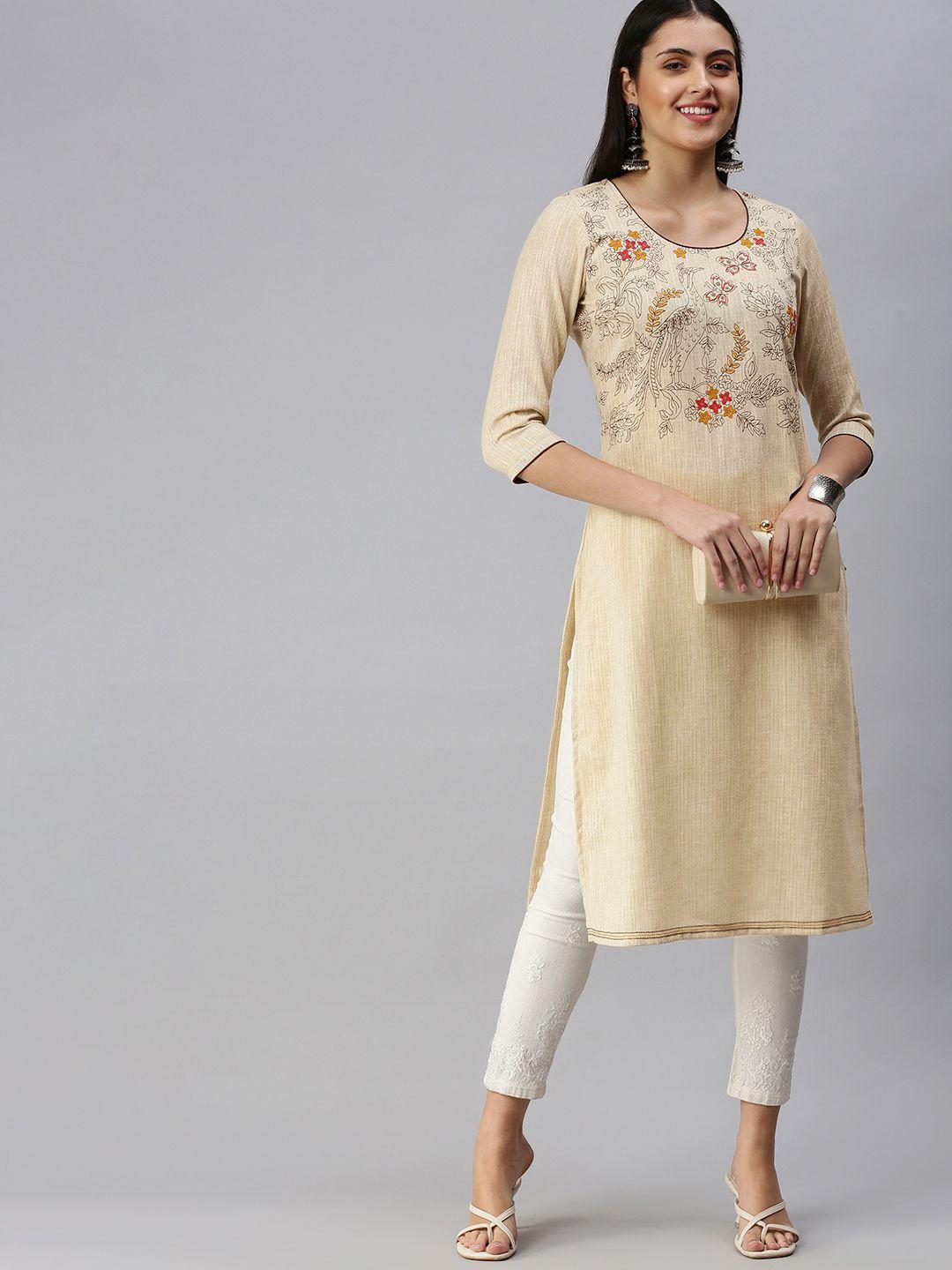 etiquette women beige & black pure cotton ethnic motifs embroidered straight kurta